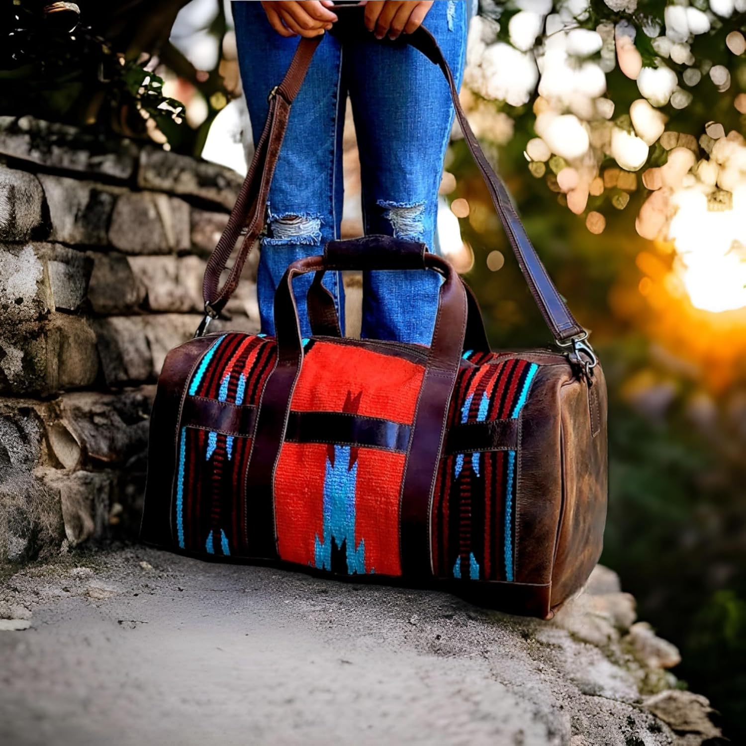 Ranch Junkie Handcrafted Anitque Dark Vintage Brown Southwestern Leather Aztec Weekender Duffel Bag (Sedona)