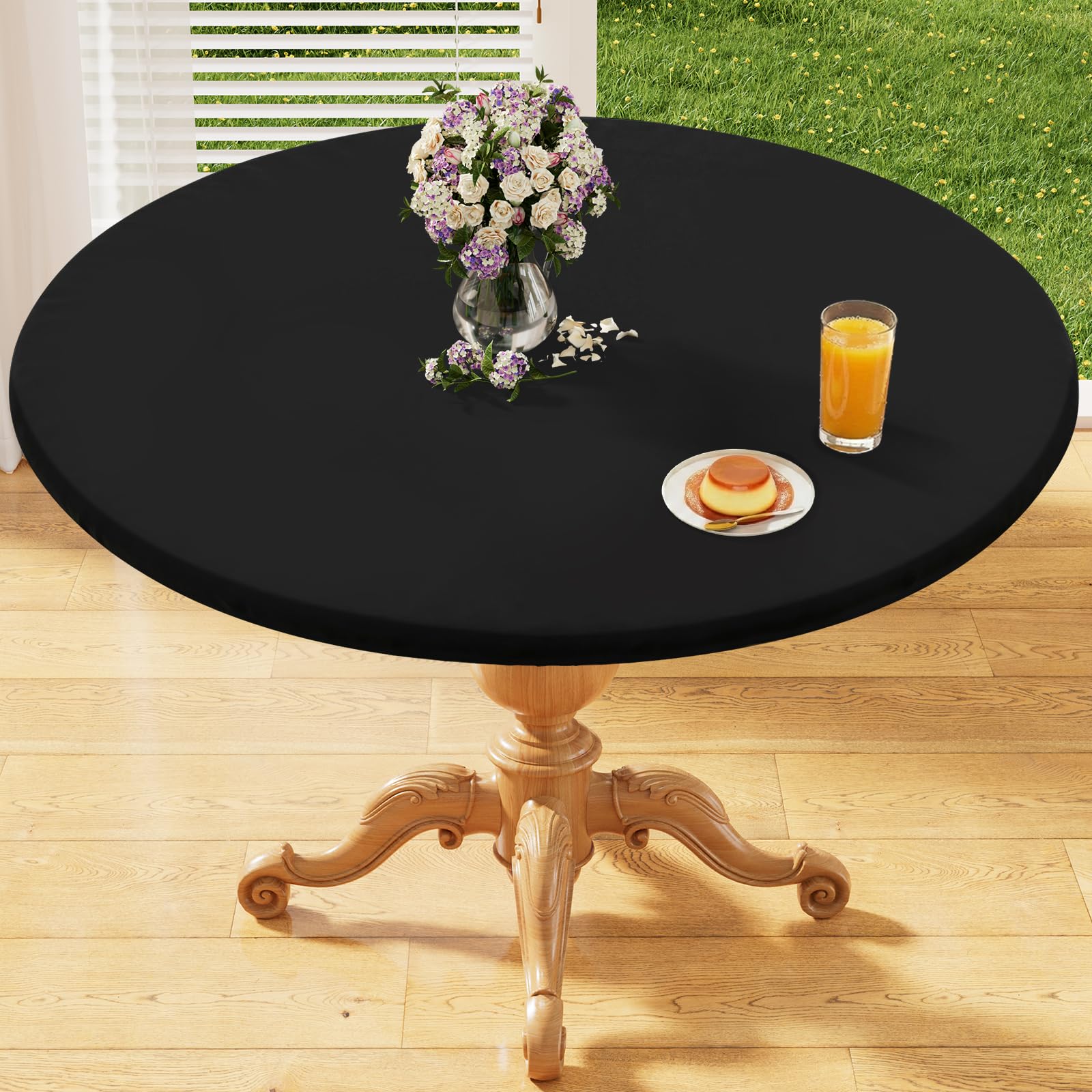 Photo 1 of homing Round Elastic Fitted Tablecloth, Water-Resistant Fabric Tablecloths for 25"-30" Tables, Washable Polyester Table Cover for Picnic, Caming, Dinner, Indoor & Outdoor, Black