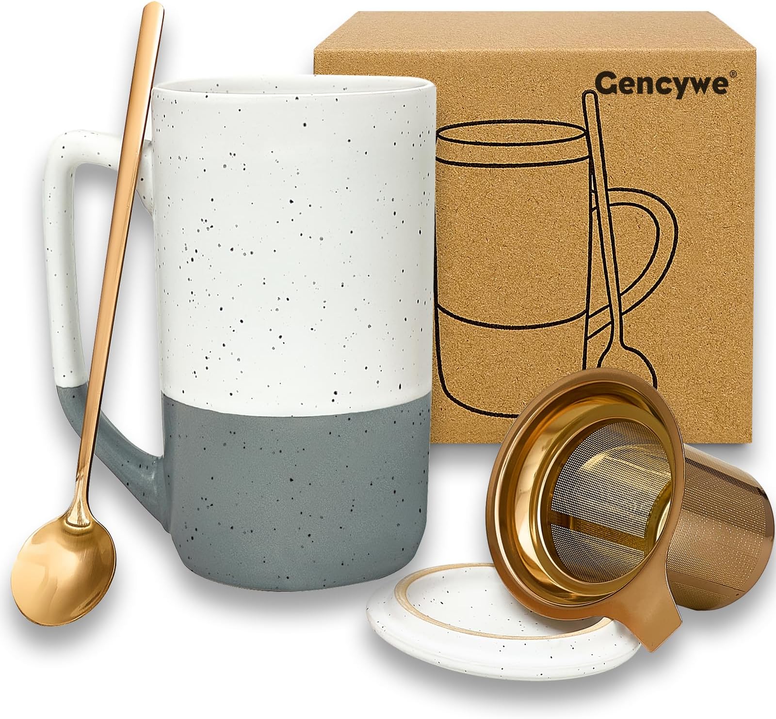 Gencywe Ceramics Large Tea Cup with Loose Leaf Infuser, Spoon and Lid, 16 oz Tall Coffee Mug, Microwave and Dishwasher Safe, Rustic Matte Ceramic Glaze, Tea Strainer (Gray)