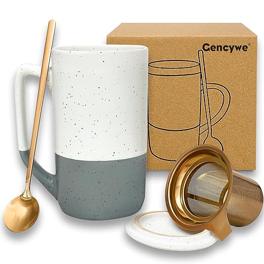 Gencywe Ceramics Large Tea Cup with Loose Leaf Infuser, Spoon and Lid, 16 oz Tall Coffee Mug, Microwave and Dishwasher Safe, Rustic Matte Ceramic Glaze, Tea Strainer (Gray)