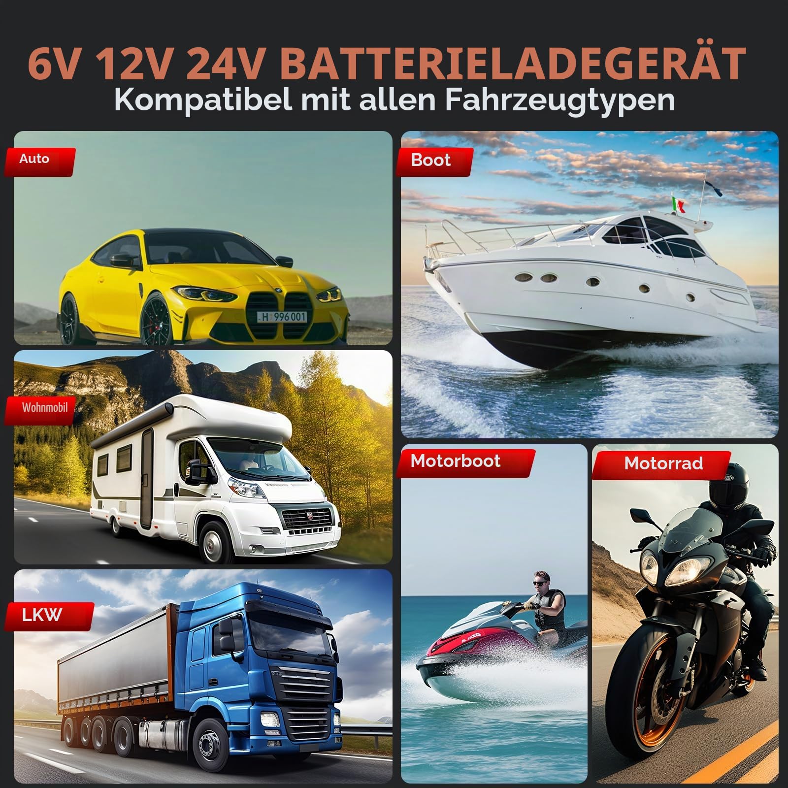 Haisito Autobatterie Ladegerät 40A, LCD-Display, 6V/12V/24V Batterieladegerät ist geeignet für Autos, landwirtschaftliche Fahrzeuge, Boote, Lithium LiFePO4 und Blei-Säure (AGM, MF, EFB usw.)