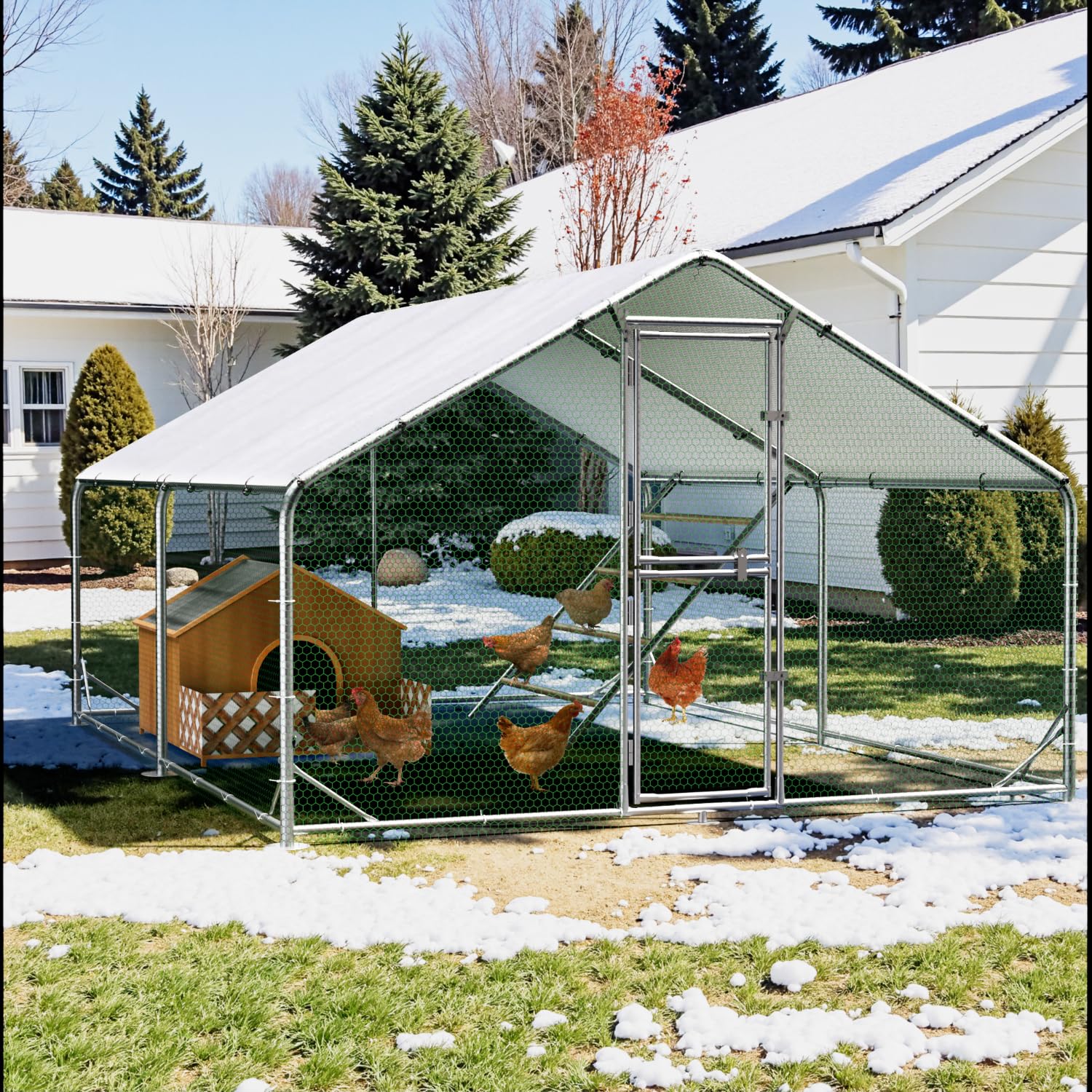Sannwsg Großer Hühnerstall aus Metall 3x4x2m mit Dachabdeckung Hühnergehege für Garten Wetterfestes Freilaufgehege für 10 bis 20 Hühner mit Zubehör und Sitzleiter