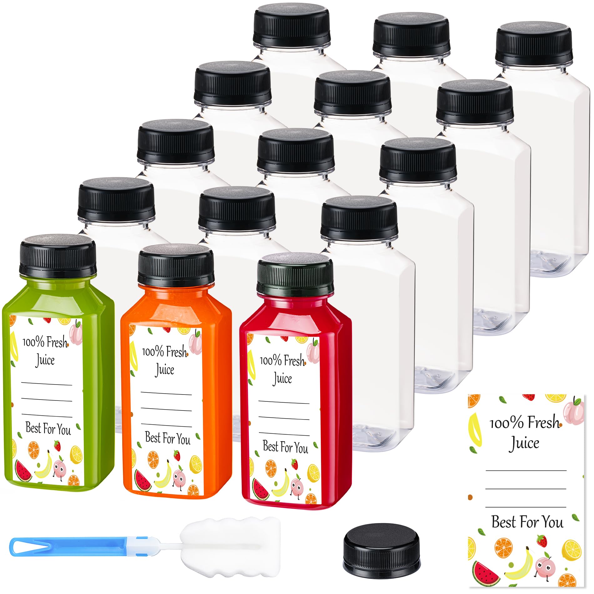 Juice Bottles with Caps15Pcs 8oz, Plastic Bottles with Caps, Clear Reusable Water Bottle, Juice Containers - with 15Pcs Labels & Bottle Brush