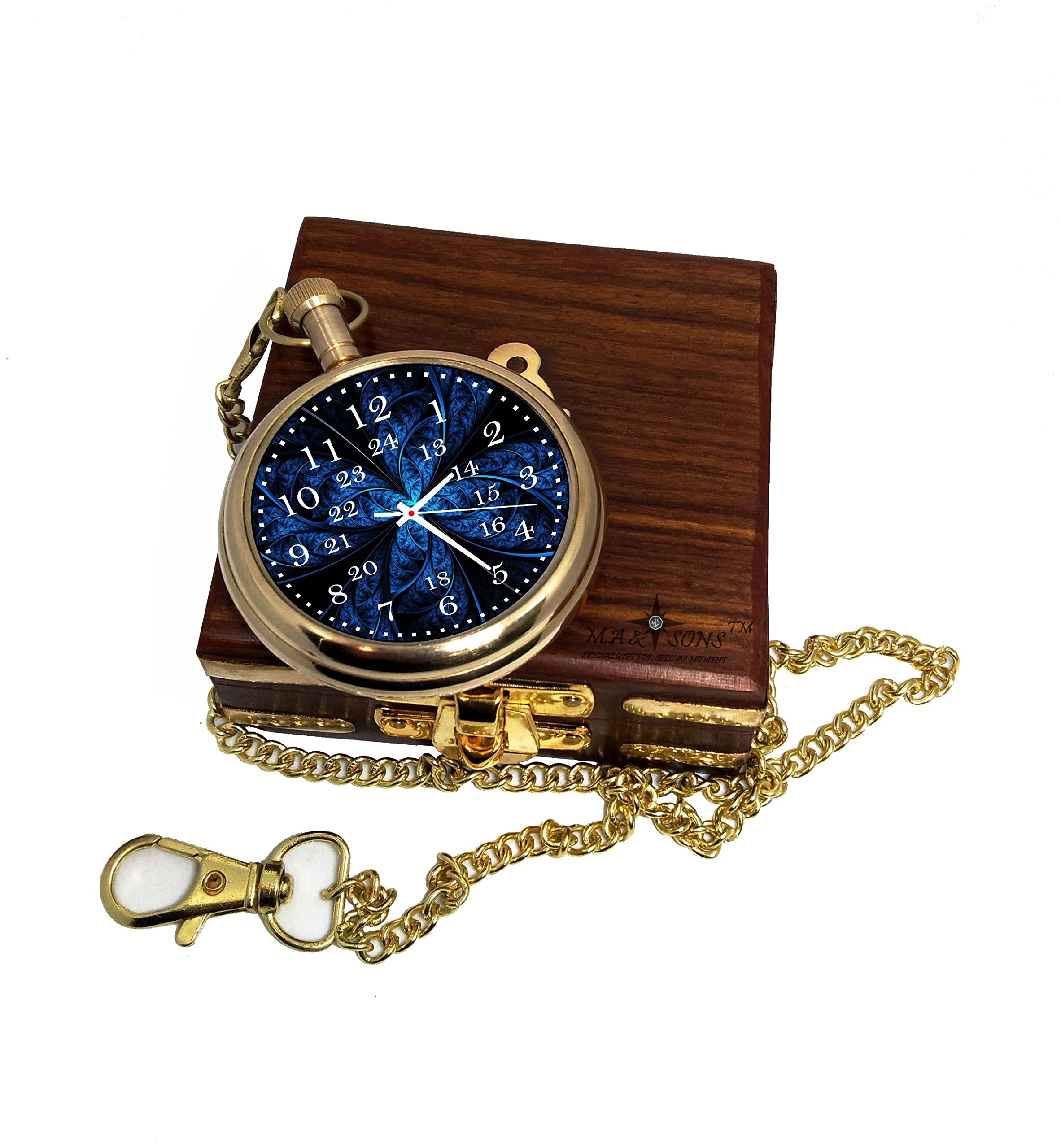 M.A & SONS Brass Handmade Working 2 inch Pocket Watch with Sheesham Wooden Box - Happy Birthday My Friend Message Backside Watch