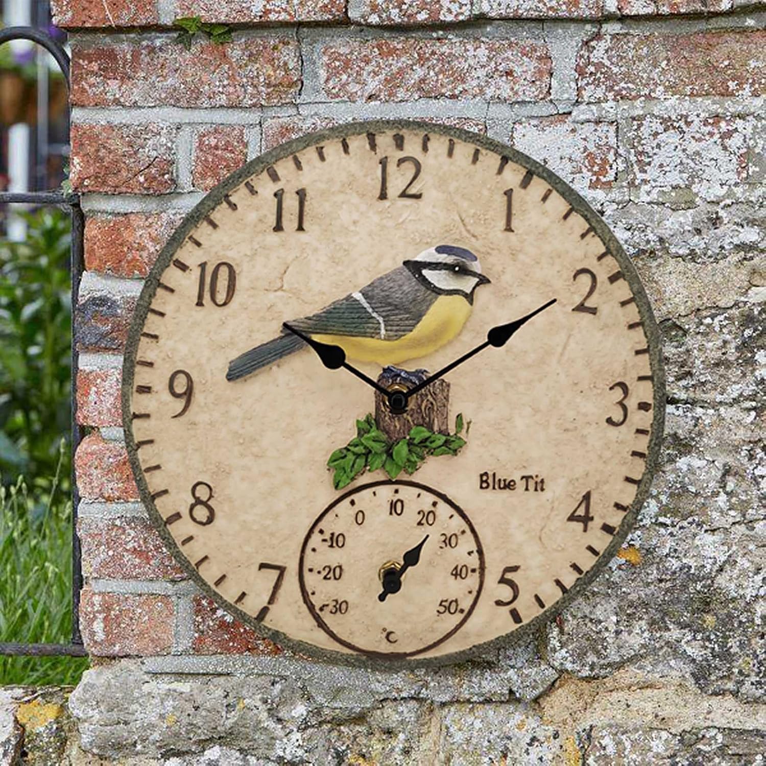 Indoor Outdoor Clock Blue Tit Garden Wall Clock, 12 Inch Large Waterproof Wall Clocks With Thermometer Battery Operated Retro Resin Bird Ornament Decorative Clock for Room Patio Pool Porch Fence