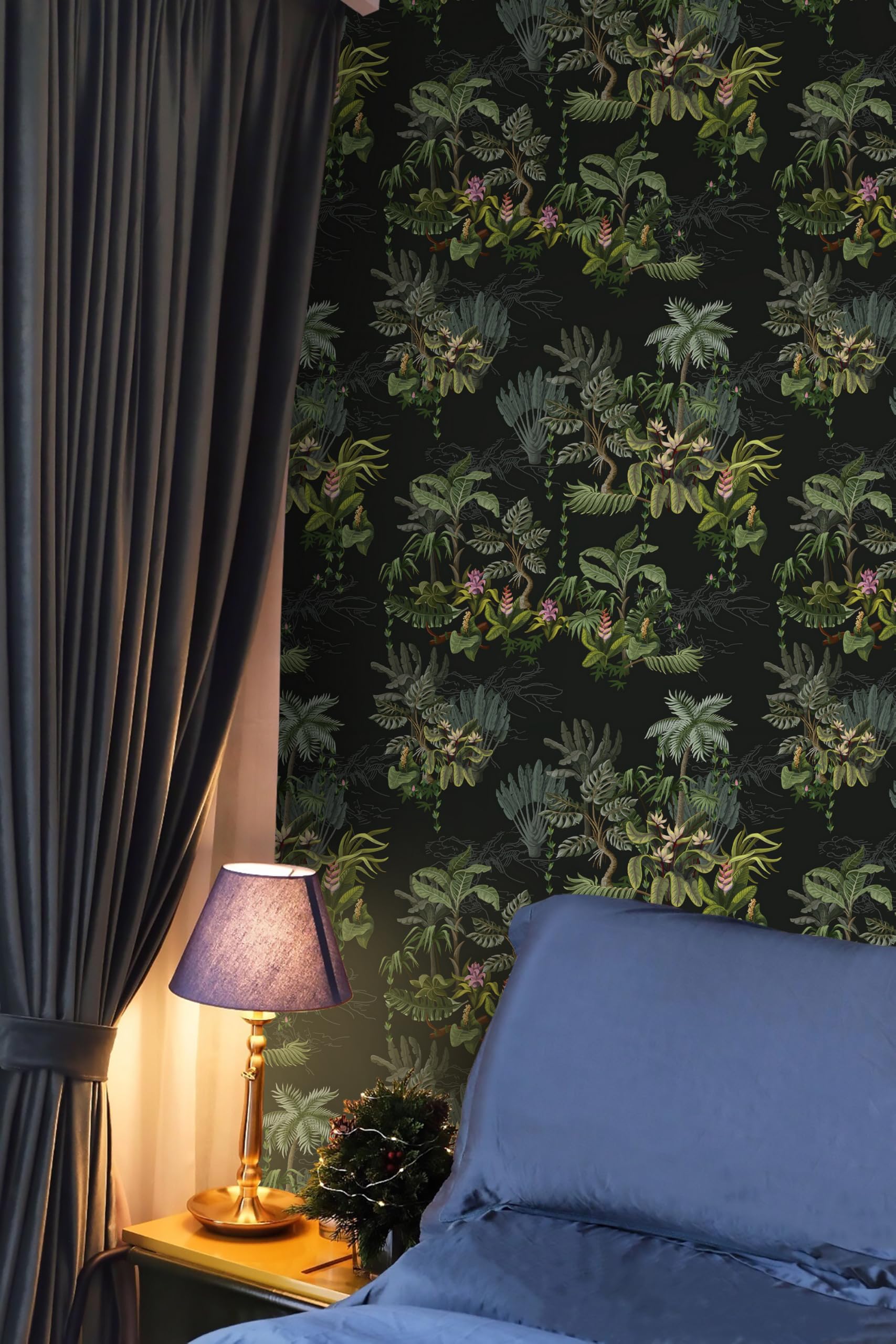 Timeet Selbstklebende Tapete Schwarz 41x300cm Tropische Botanische Blumen Möbelfolie Selbstklebend Klebefolie Vinyl Wasserdicht Klebetapete für Schlafzimmer Wohnzimmer Küche Wand Möbel