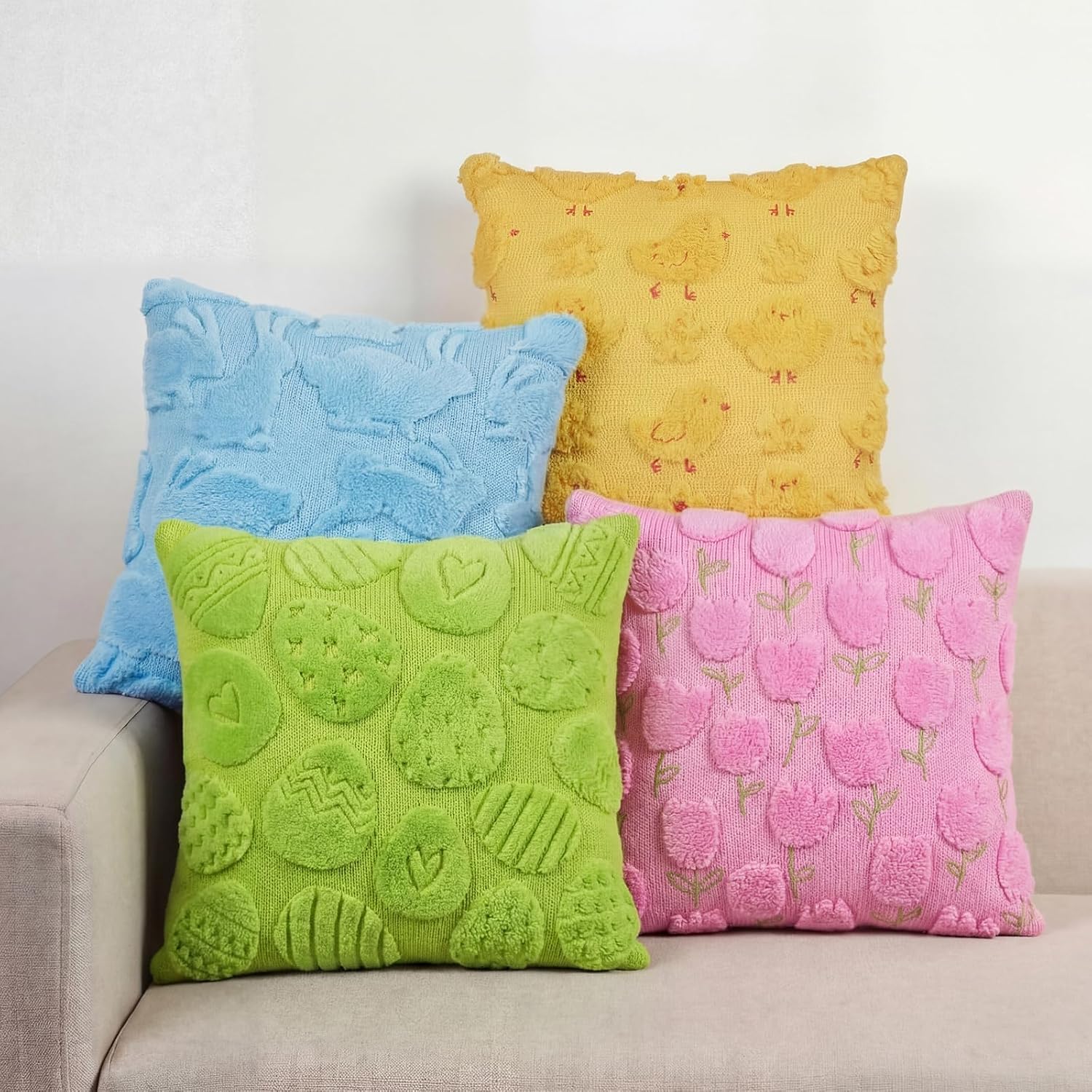 Tiamon 4 Pcs Easter Throw Pillow Covers 18 x 18 Inch 3D Embroidered Plush Easter Egg Bunny Chick Tulip Pillow Cases Colorful Fluffy Faux Fur Cushion Covers Gifts for Spring Party Sofa Couch Birthday