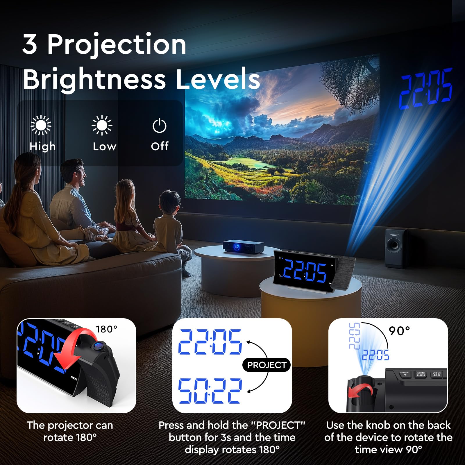 Radio Reveil Projecteur Plafond 180°, Radio Réveil FM Numérique, Grand Écran LED, Chargeur USB, Double Alarme, 12/24H, Snooze, Horloge Projection Plafond pour la Chambre