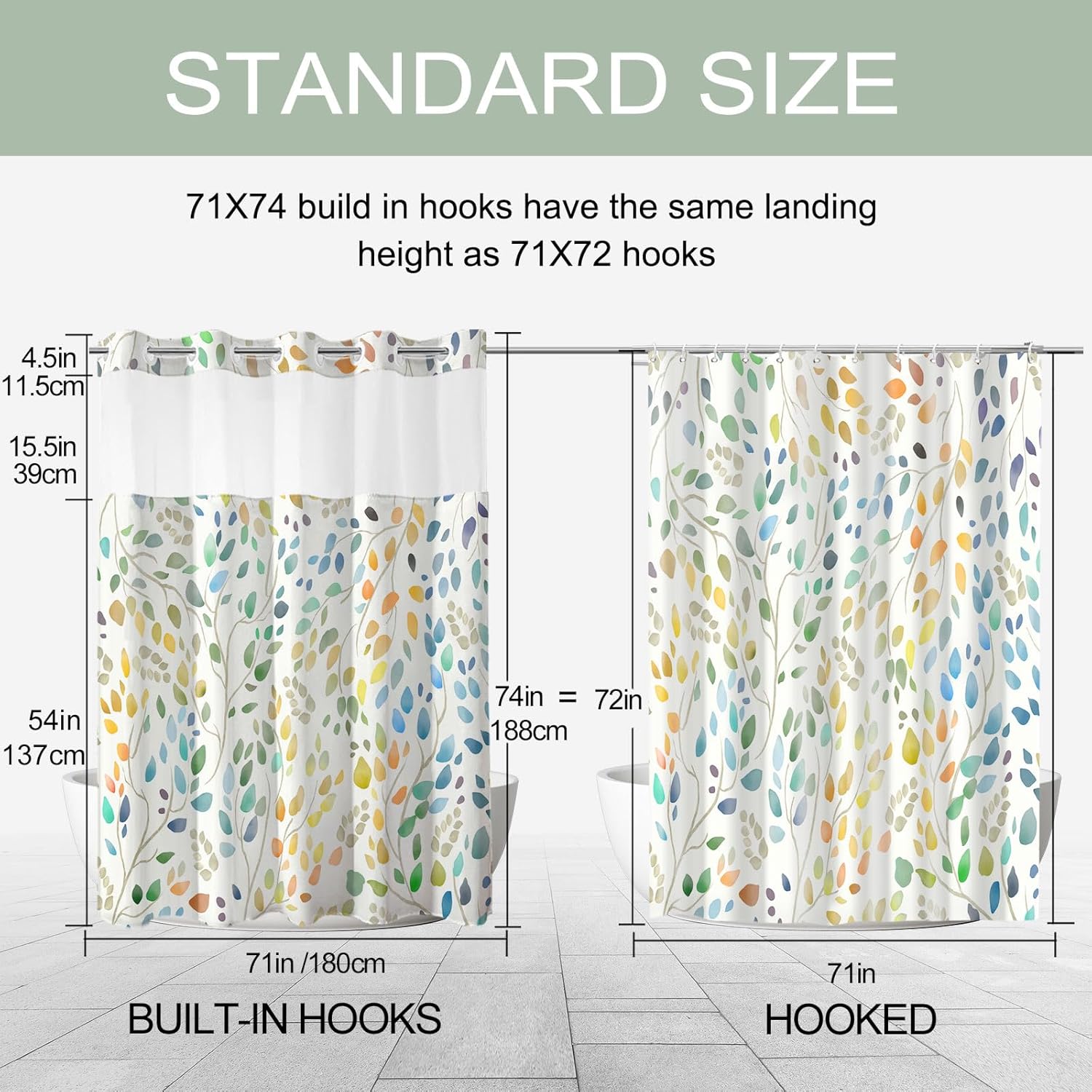 No Hook Shower Curtain with Snap in Liner Set, Boho Colorful Leaves Design, Waterproof Washable Fabric Floral Shower Curtains for Bathroom Decor with See Through Mesh Top Window 71x74 Inch