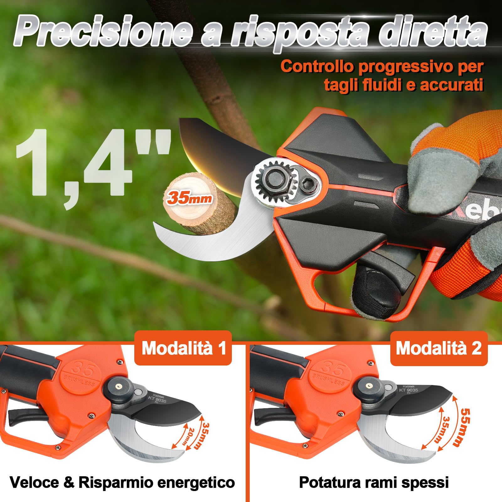 Kebtek Forbici Da Potatura 35mm Con 2 Batterie 4Ah Compatibili Con Asta | Per Frutteti E Potature Intensive, Compatibili Con Asta Per Raggiungere Rami Più Alti