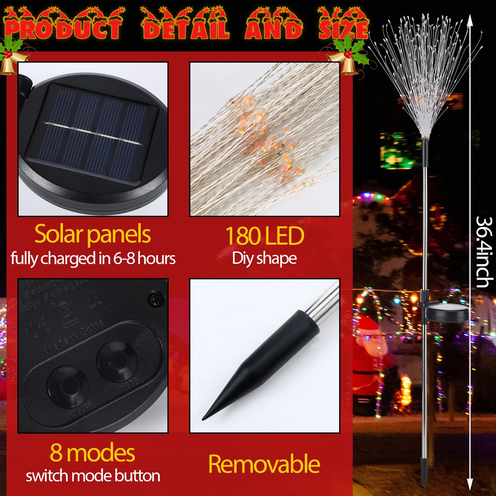 Tujoe Lot de 6 lampes solaires sur piquet de Noël 180 LED 8 modes - Étanches - Décoration d'extérieur pour jardin, terrasse, cour, allée, pelouse, décoration de Noël (rouge, vert, blanc)