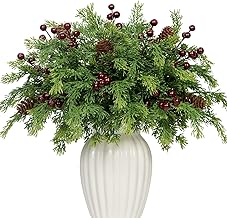 KKSTY 45 Pcs Artificial Pine Branch Berry Pinecones Set - 33cm Fake Christmas Foliage Greenery Twigs Pine Cones Picks Berries Stems for Vase DIY Craft Xmas Wreath Garland Home Decor (45, Red Berries)
