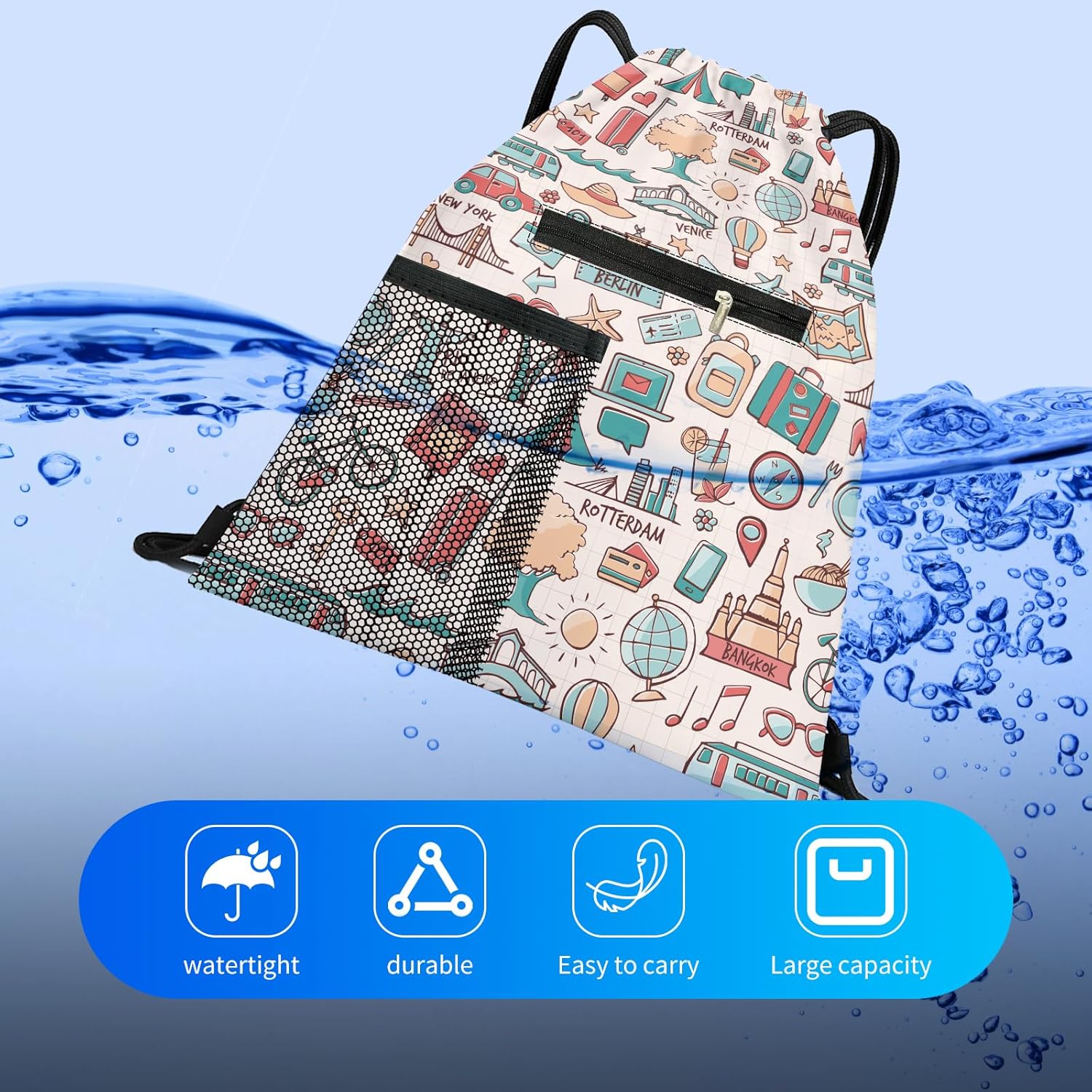 Drawstring Backpack Sports Gym Bag, Large String Swim Bag for Beach With Water Bottle Mesh Pocket, Cute Gym Sack with Zipper Pocket for Men Women Cute Print - Image 3