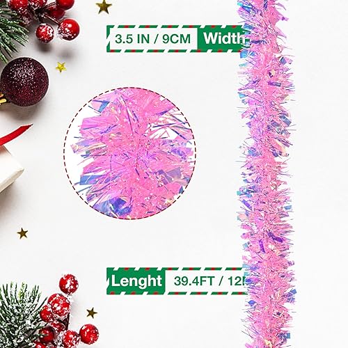 Miniatura 2 de Guirnalda de oropel rosa de Navidad de 33 pies, guirnalda metálica de oropel con purpurina, decoración para árbol de Navidad, boda, fiesta