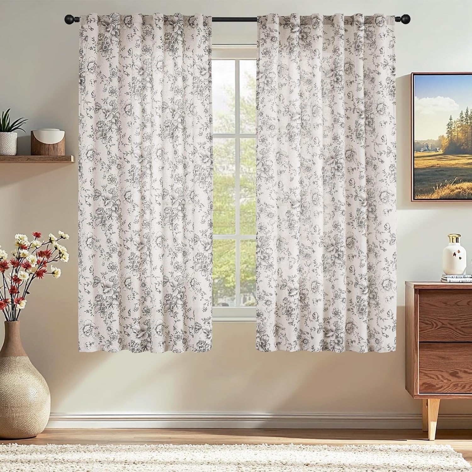 Topick Linen Blend Floral Curtains for Living Room 63 Inch Length Black Printed Rod Pocket Cottage Core Back Tab Farmhouse Peony Patterned Drapes Bedroom Window Treatment 2 Panel Set thumbnail