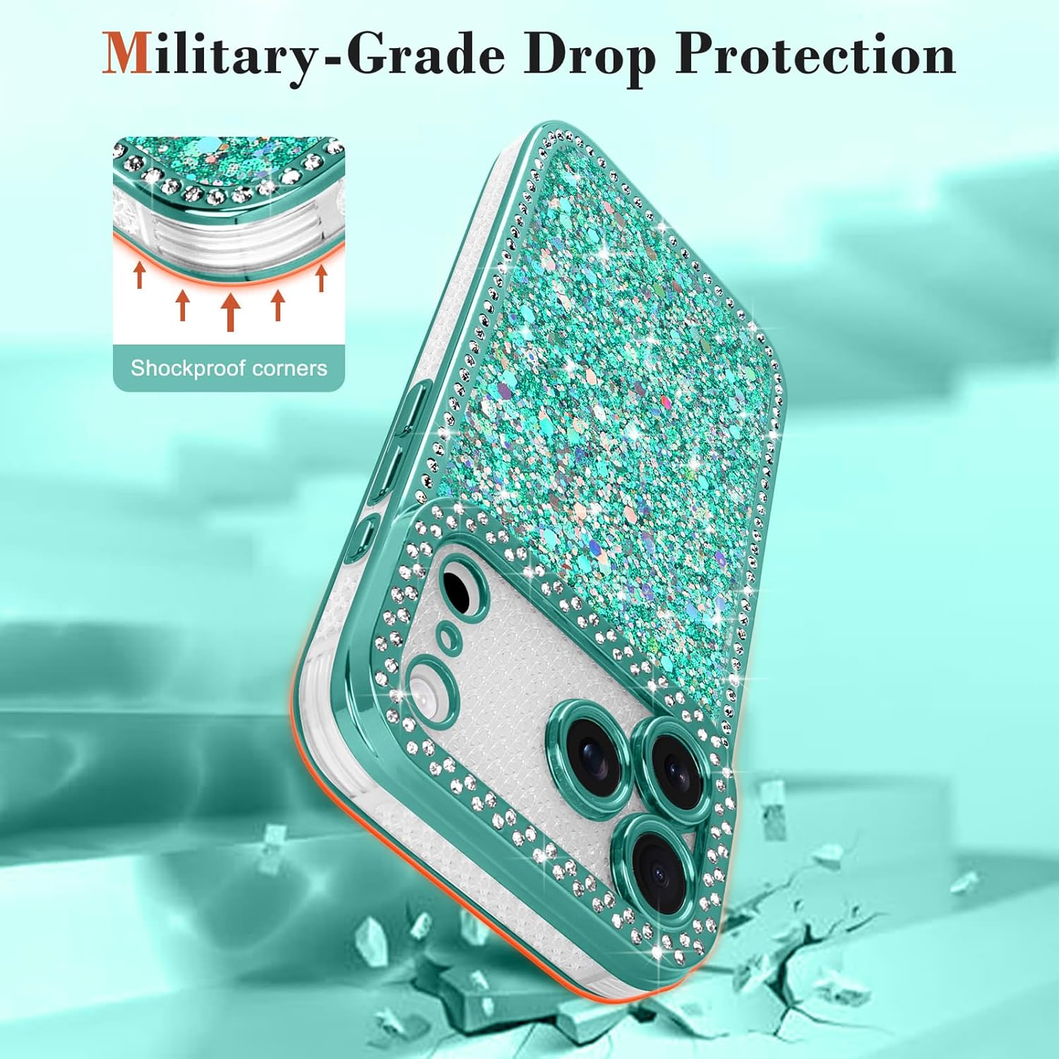 Lafunda for iPhone 17 Pro Case Glitter, Luxury Shiny Bling Sparkly Bumper Cover with Crystal Diamonds for Women Girls Soft TPU Slim Shockproof Protective Phone Case for iPhone 17 Pro 6.3", Green - Image 3