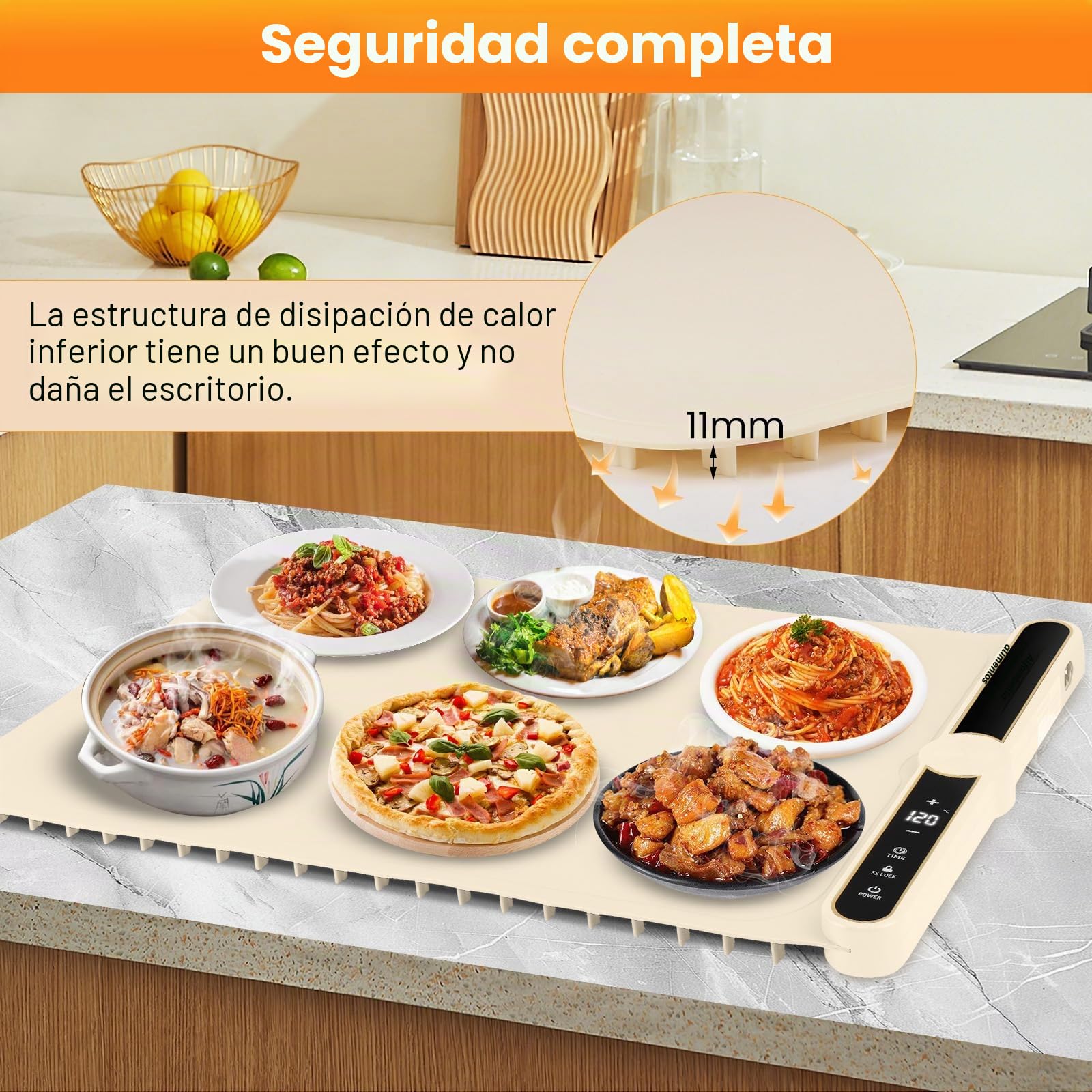 Bandeja Calefactora Plegable, Silicona Placa Calentadora Portátil, 40-120 °C Calentador de Alimentos con 9 Ajustes de Temperatura para Bufés, Familia, Fiestas, Eventos, Oficina 60 x 38 cm (Beige)
