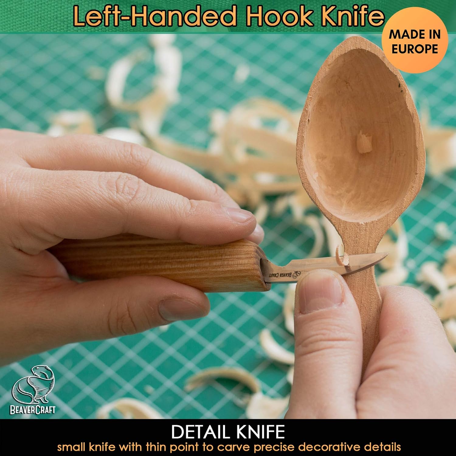 BeaverCraft S13L Wood Carving Tools Set for Spoon Carving 3 Knives in Tools Roll Leather Strop and Polishing Compound Hook Sloyd Detail Knife Left-Handed Spoon Carving Knives (S13L Left-Handed)