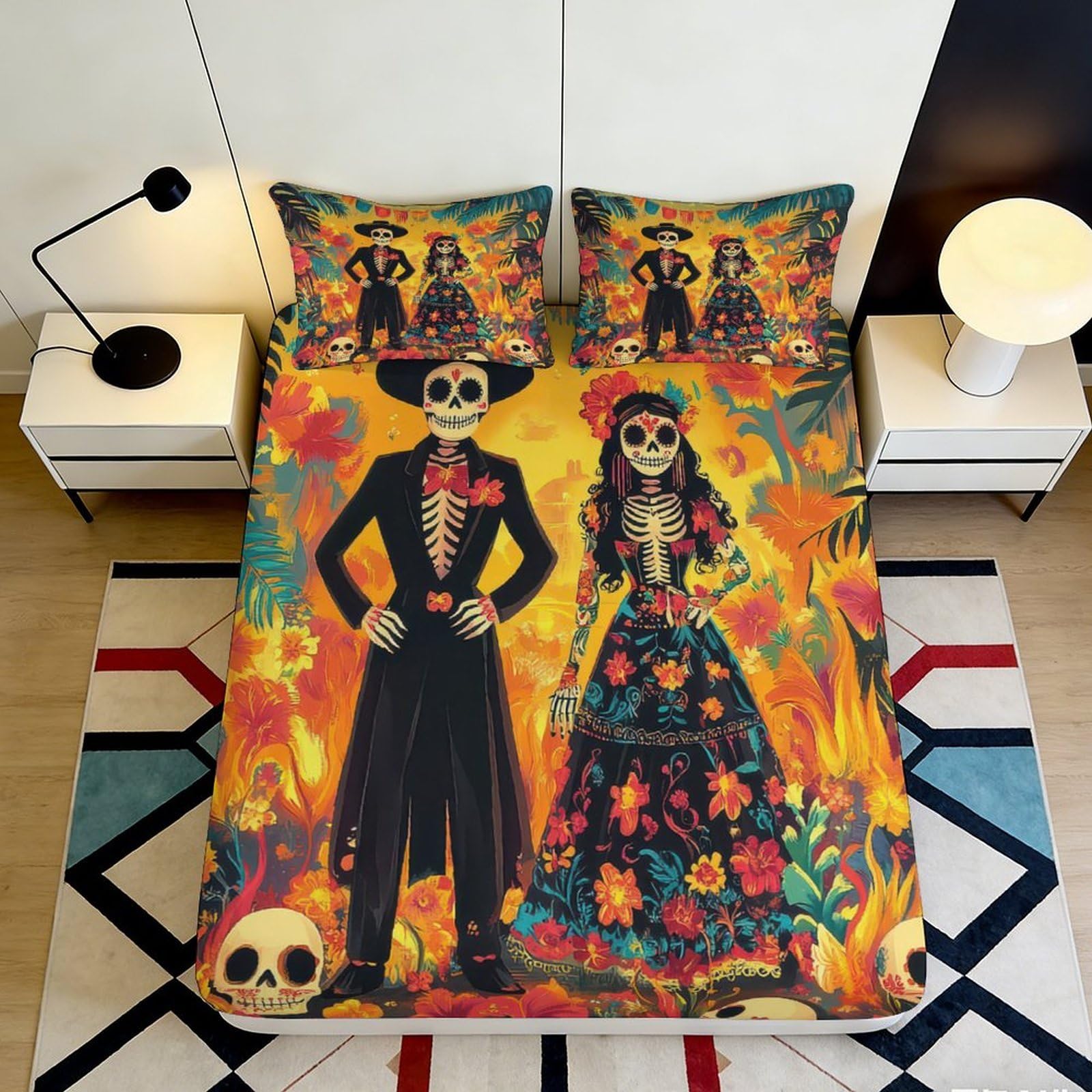 3D Printed Day of the Dead Skeleton Fitted Sheet Microfiber Floral Skull Bed Cover for Bedroom Guest Room Decor 120x200x25cm