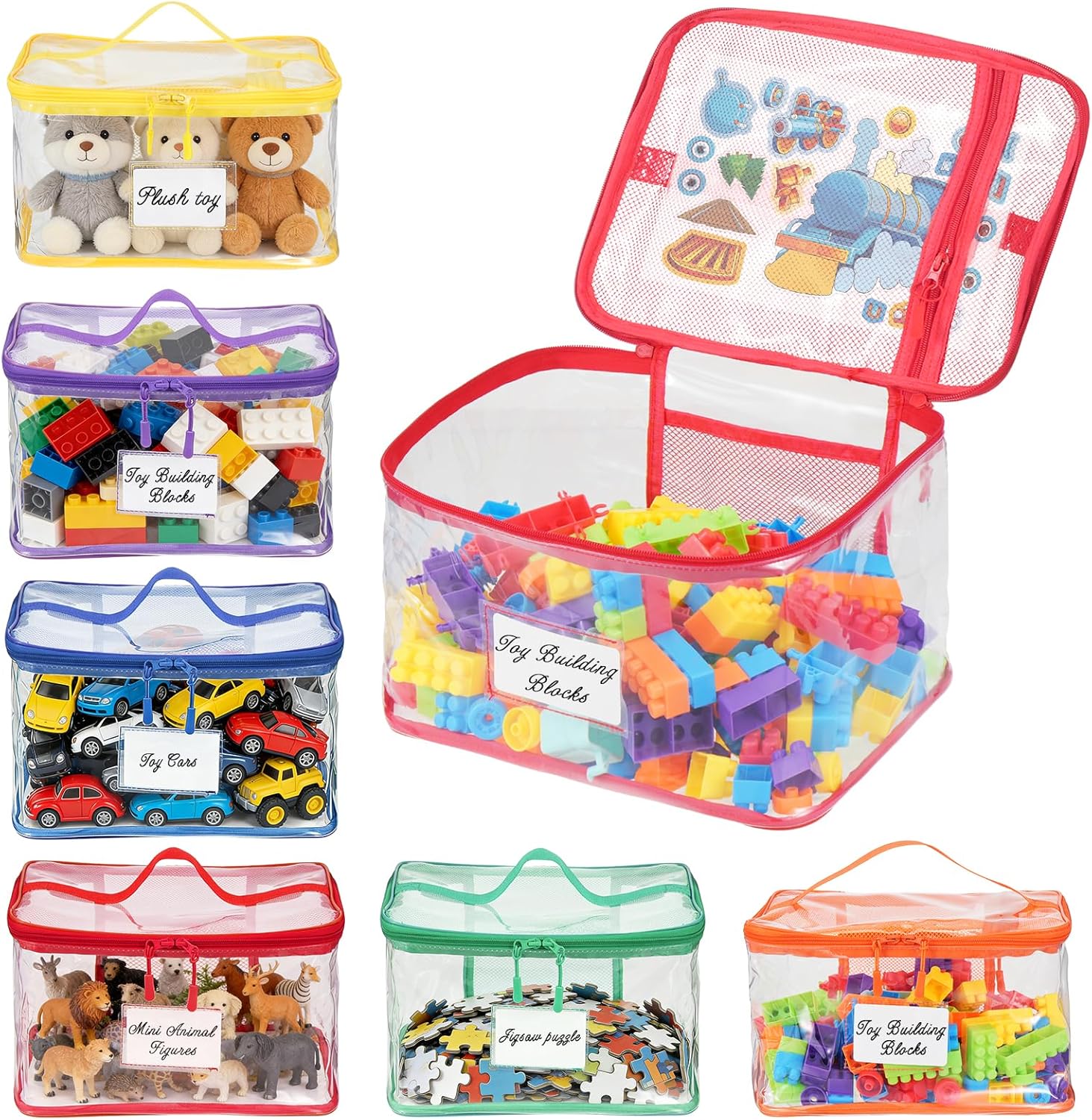 6 Pack Clear Toy Storage Bags for Building Blocks Large Waterproof Toy Organizer Bags with Mesh Pocket and Labels Reusable Storage Containers for Board Game Puzzles Building Blocks Stationery