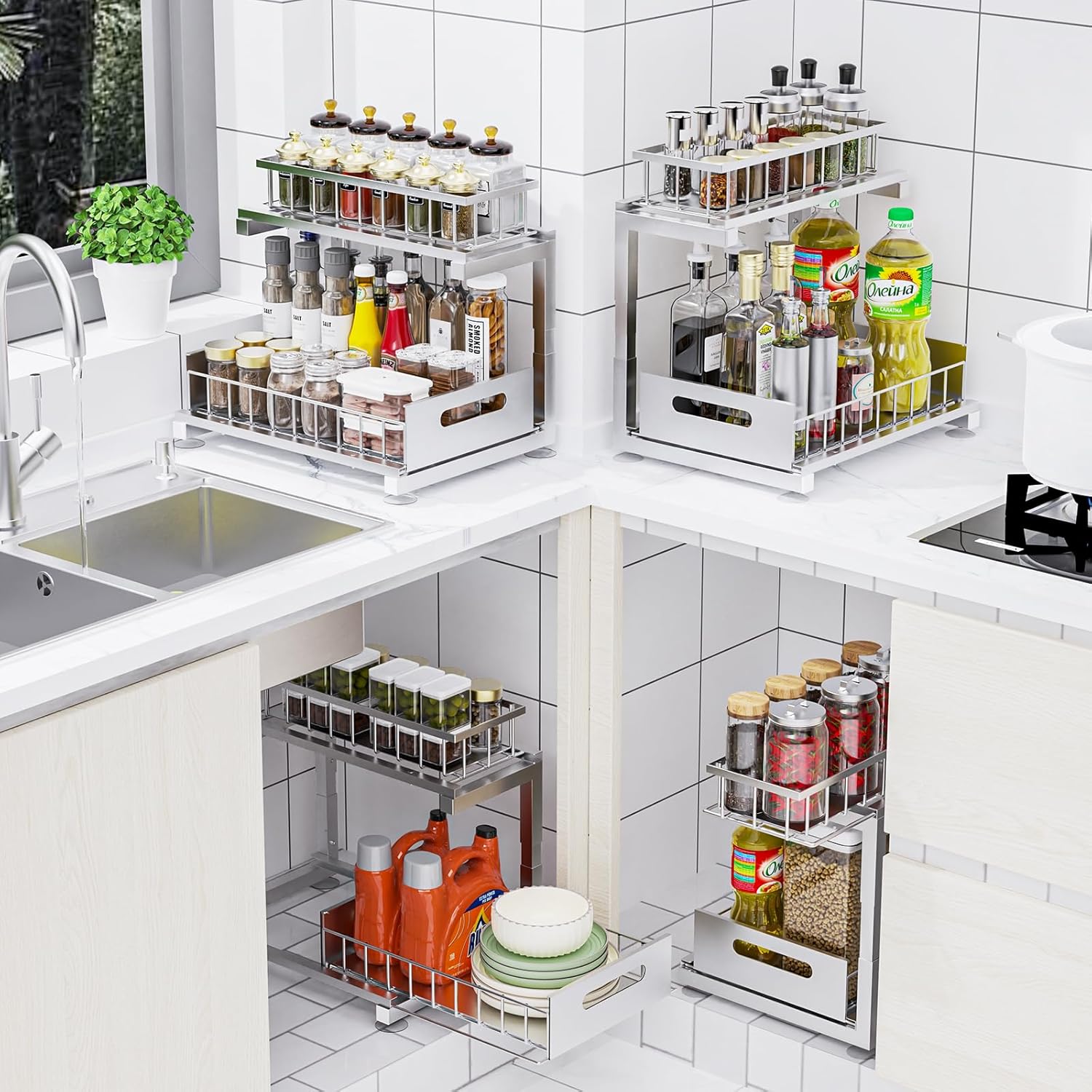 Under Sink Organizer, Heavy Duty Metal Pull Out Cabinet Organizer Slide Out Sink Shelf Organizer Height Adjustable, Multi-Purpose Storage Shelf for Kitchen Bathroom(Sliver,2Pack)