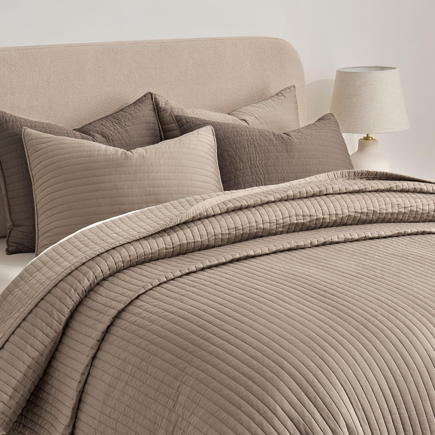 EVERGRACEHOME Cotton Sateen Quilt Set Queen Size, Pre-Washed Cotton Channel Stitch Coverlet Bedspread, 3 Pieces Lightweight Soft Bedding Sets for All Season, with 2 Pillow Shams, Stone Taupe - Image 9