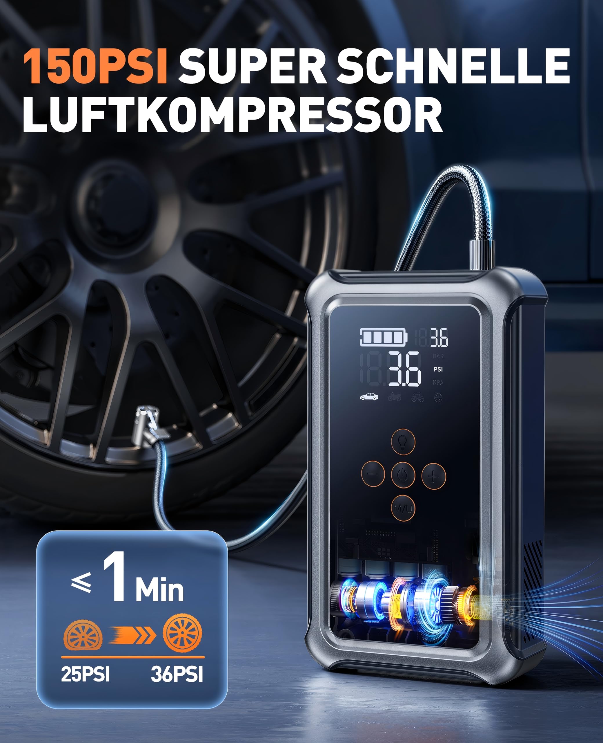 5000A Starthilfe Powerbank für Pkw mit 150PSI Kompressor, Auto Starthilfe Powerbank 12V für Benzin & 10,0L Diesel, Powerbank Auto Starthilfe mit Zwangsstart, LED, USB-C