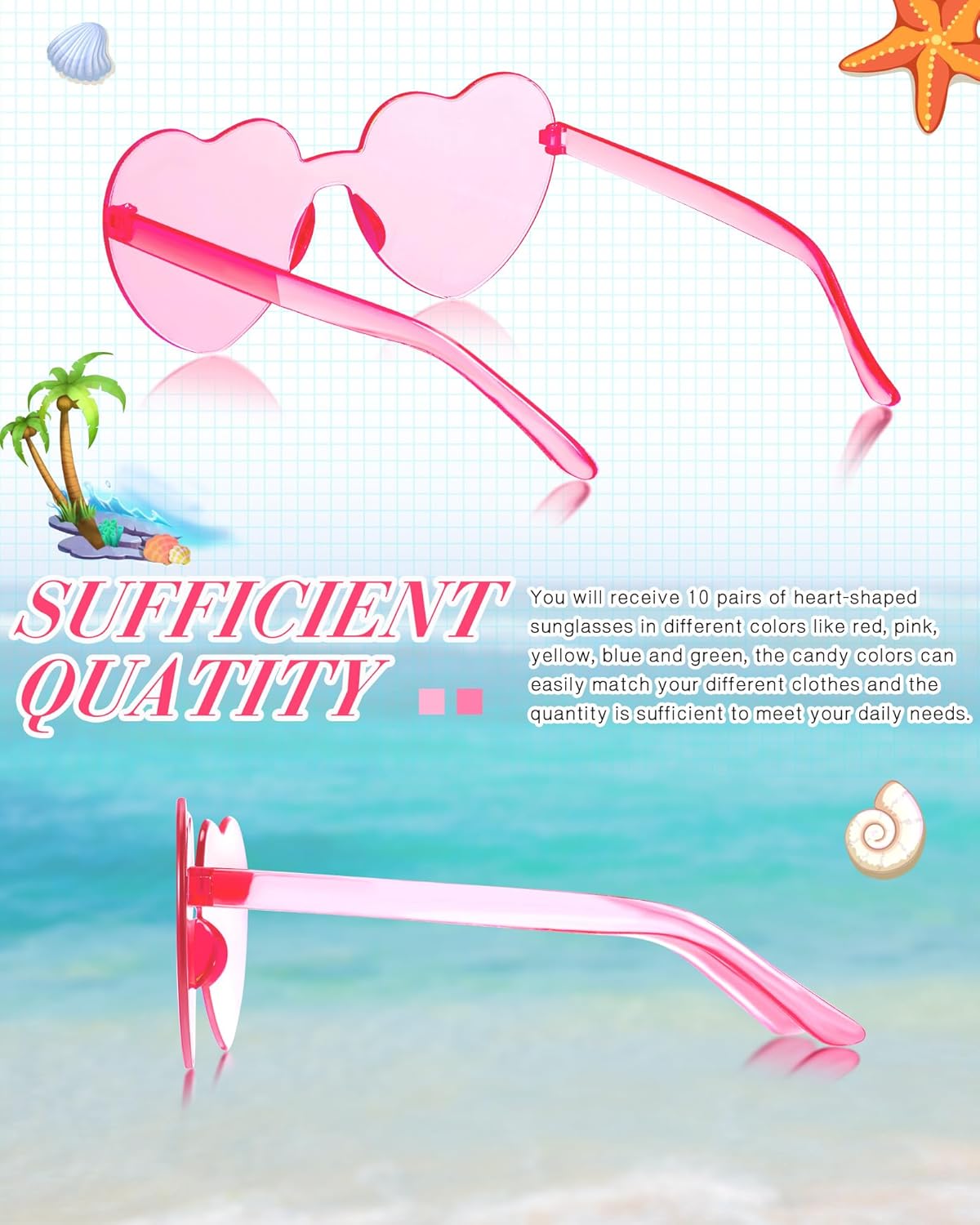 TOODOO 10 Pairs Heart Shaped Sunglasses Rainbow Sunglasses Candy Color Rimless Glasses for Women Girl Party Favor - Image 4