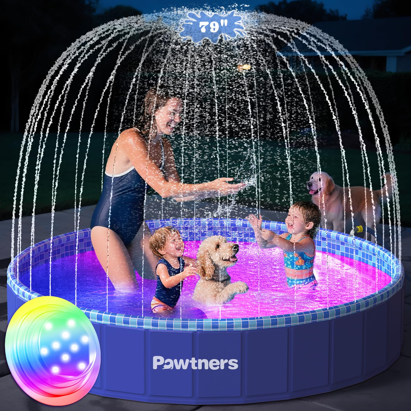 Foldable Dog Pool with Sprinkler RGB LED Light, 79" Collapsible Hard Plastic Kiddie Swimming Splash Pool for Small Medium Large Doggie Kitty Puppy, Pet Bathing Tub Wading Pool for Dogs Blue