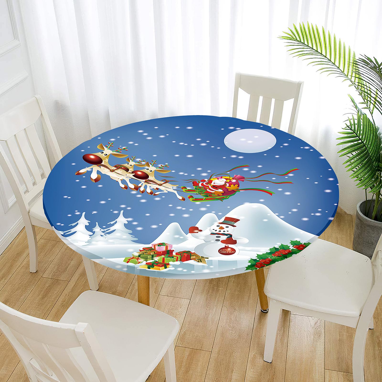 Treer Christmas Round Tablecloth - Wipeable Elastic Edged Fitted Backed Table Cover, Washable for Dining Room, Kitchen, Picnic, Party (120cm, Reindeer)