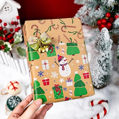 Miniatura 9 de Yarcony Papel kraft de regalo de Navidad, papel de regalo negro, árboles de Navidad de lujo, renos, copos de nieve, papel de estraza resistente