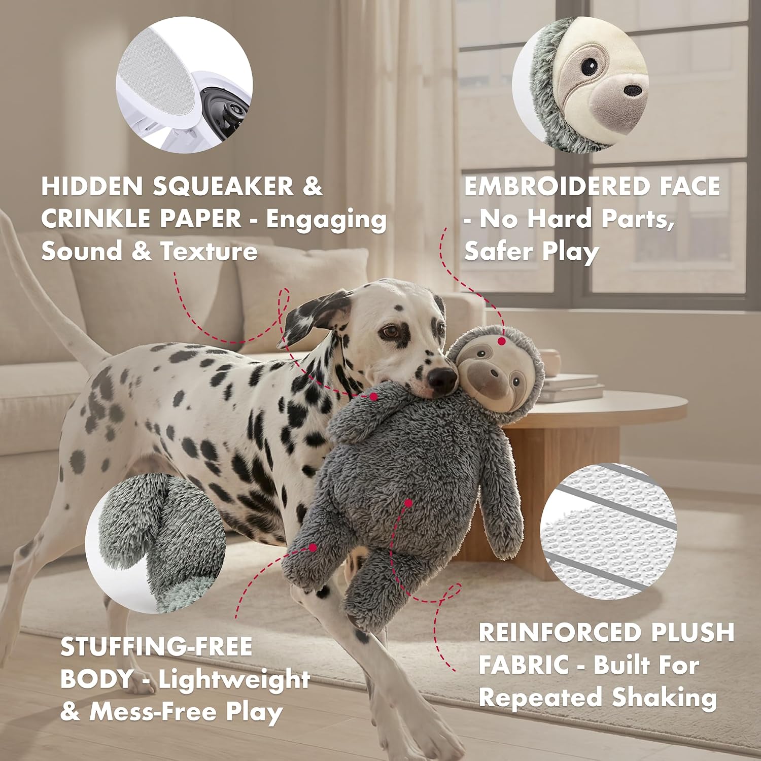 petlou Stuffingless Floppy Plush Dog Toys with Durable Squeak and Crinkle Paper Dog Chew Toys (Green Grey, 19" Floppy Sloth) image 2