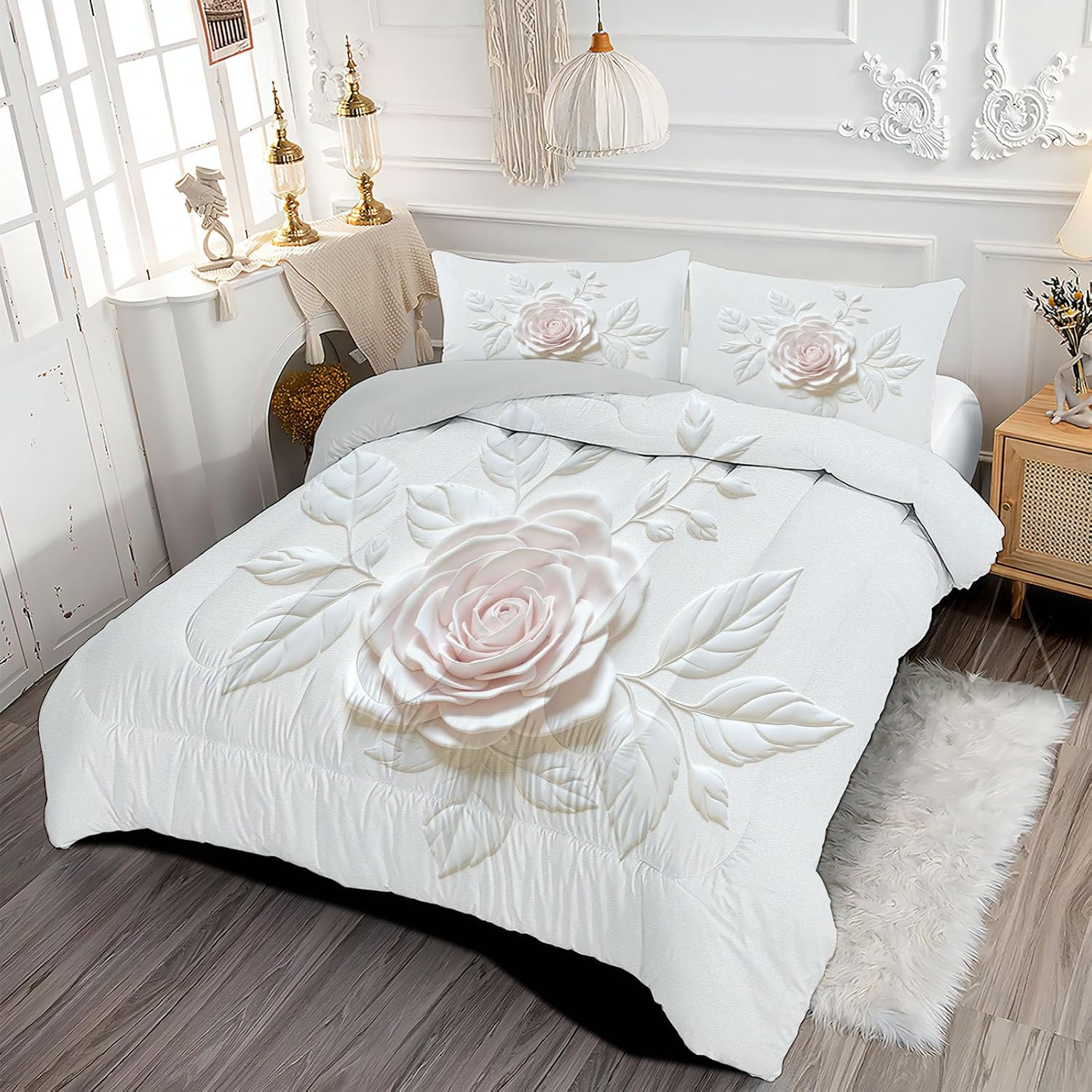 3D Relief Comforter Set Full Size, Rose Branches and Leaves Bedding Set for Girls Boys, Light Pink Quilt Bed 79"X90" Bedding Comforter Sets with 2 Pillowcase Room Decor