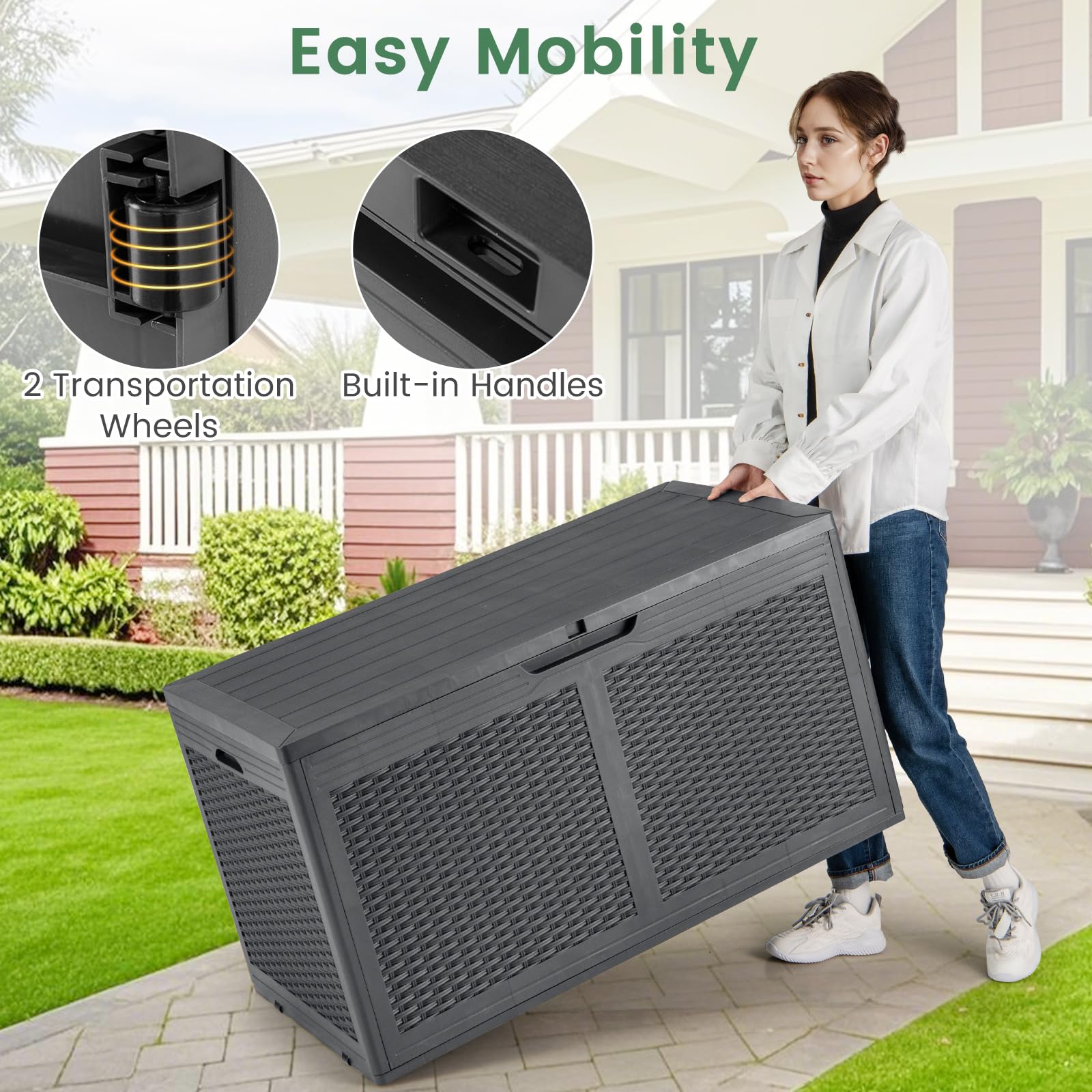 Coffre De Jardin 145L HOMASIS - Banc De Rangement Verrouillable, Imperméable, Charge 80 Kg - Noir - 8