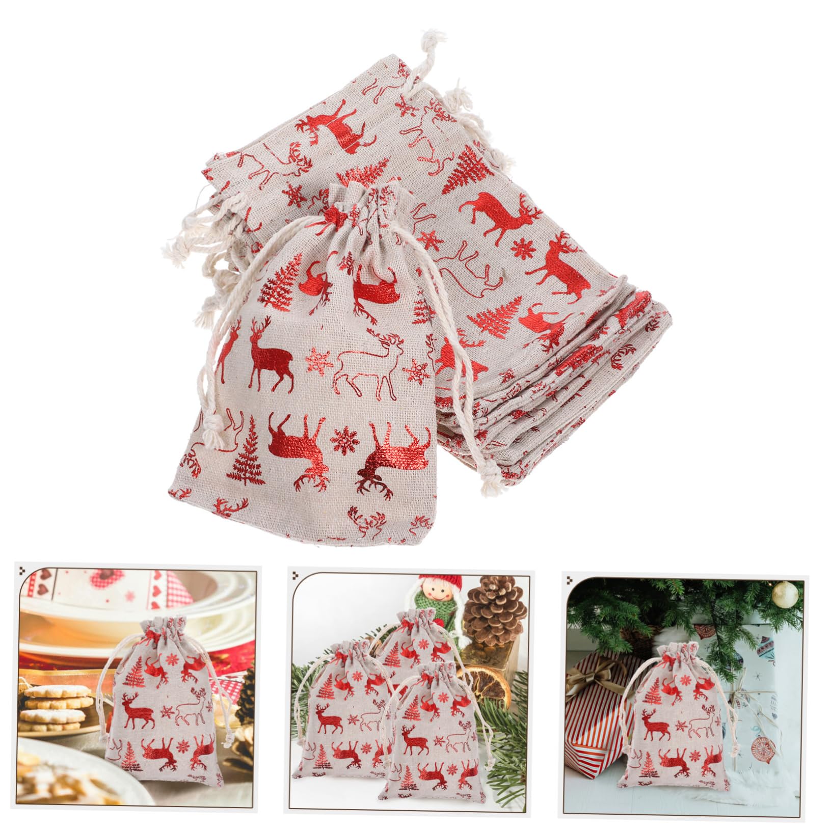 JECOMPRIS 50pezzi Sacchetti Di Natale Lino Cotone Con Chiusura Corda Di Sacchetti Per Regali Caramelle e Dolci Design Festivo Con Renne Rosse Per Feste e Occasioni Speciali