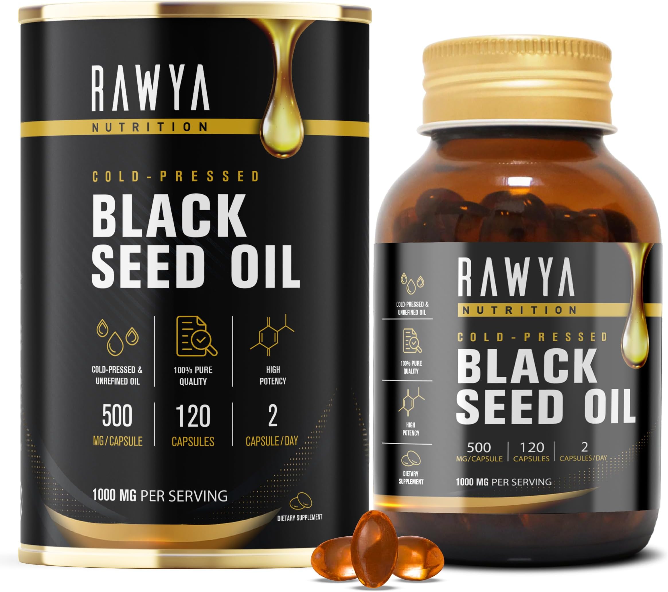 RAWYA Black Seed Oil Softgel Capsules - Halal, Premium Cold-Pressed Nigella Sativa, Non-GMO, 500mg per Capsule - 120 Count