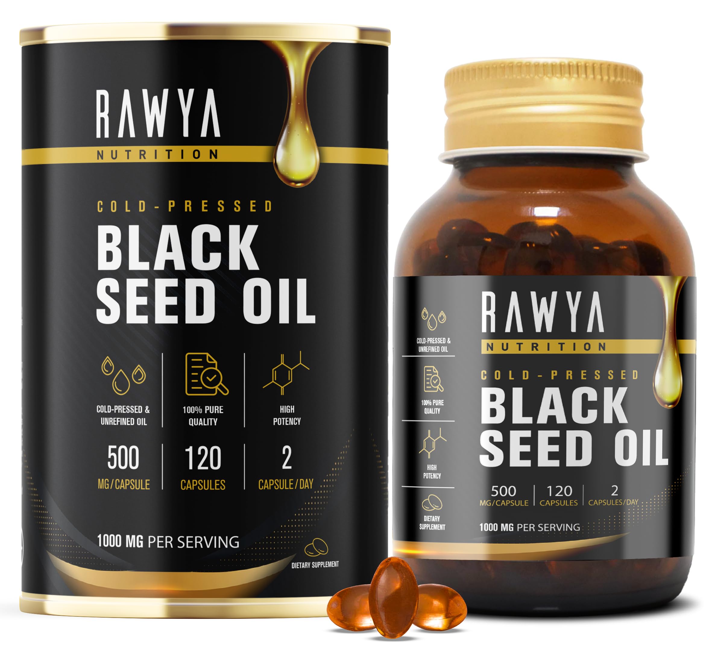 RAWYA Black Seed Oil Softgel Capsules - Halal, Premium Cold-Pressed Nigella Sativa, Non-GMO, 500mg per Capsule - 120 Count