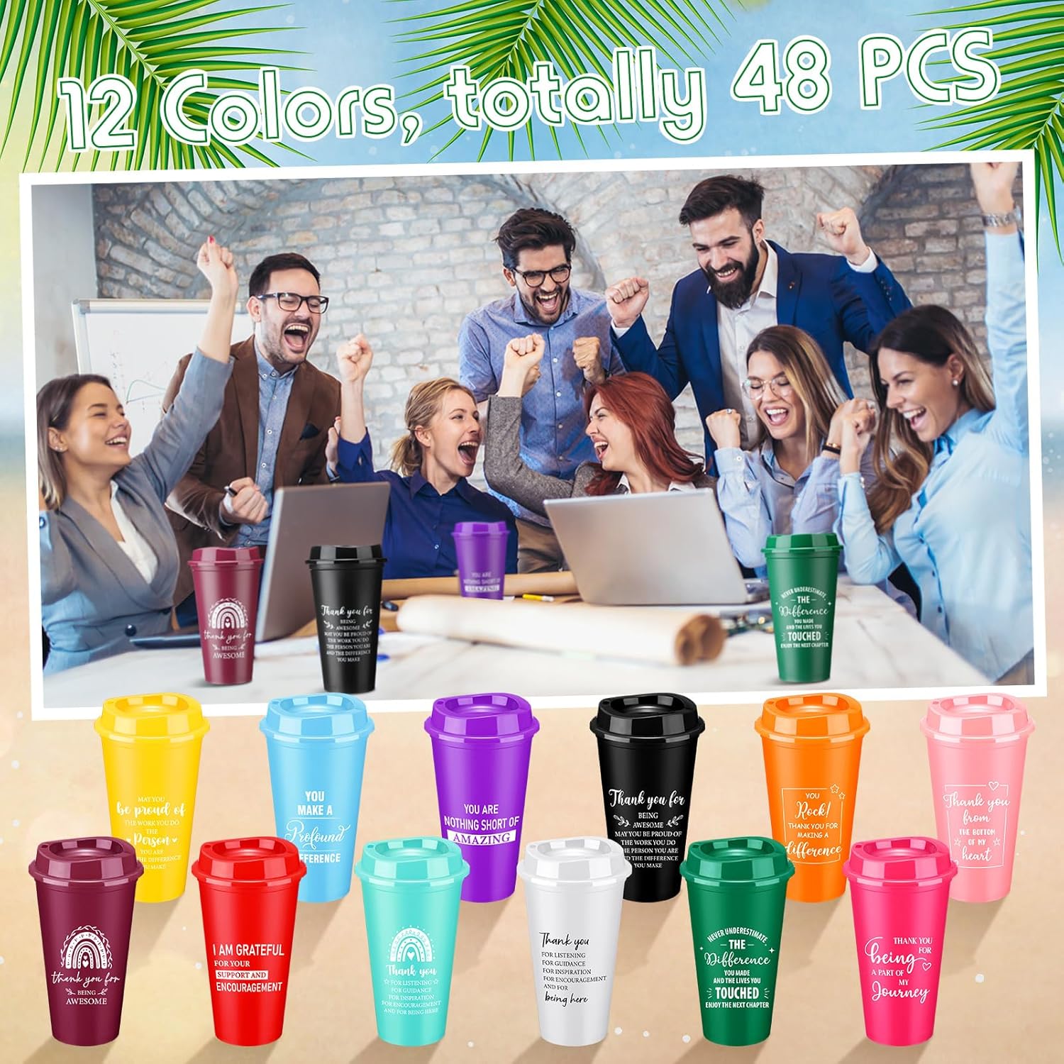 Skylety 48 Pcs Thank You Gifts 16 oz Coffee Cups Bulk Employee Appreciation Gift Inspirational Tumbler with Lid Reusable Plastic Coffee Cup for Coworker Staff Women Teacher (Classic Colors) - Image 3