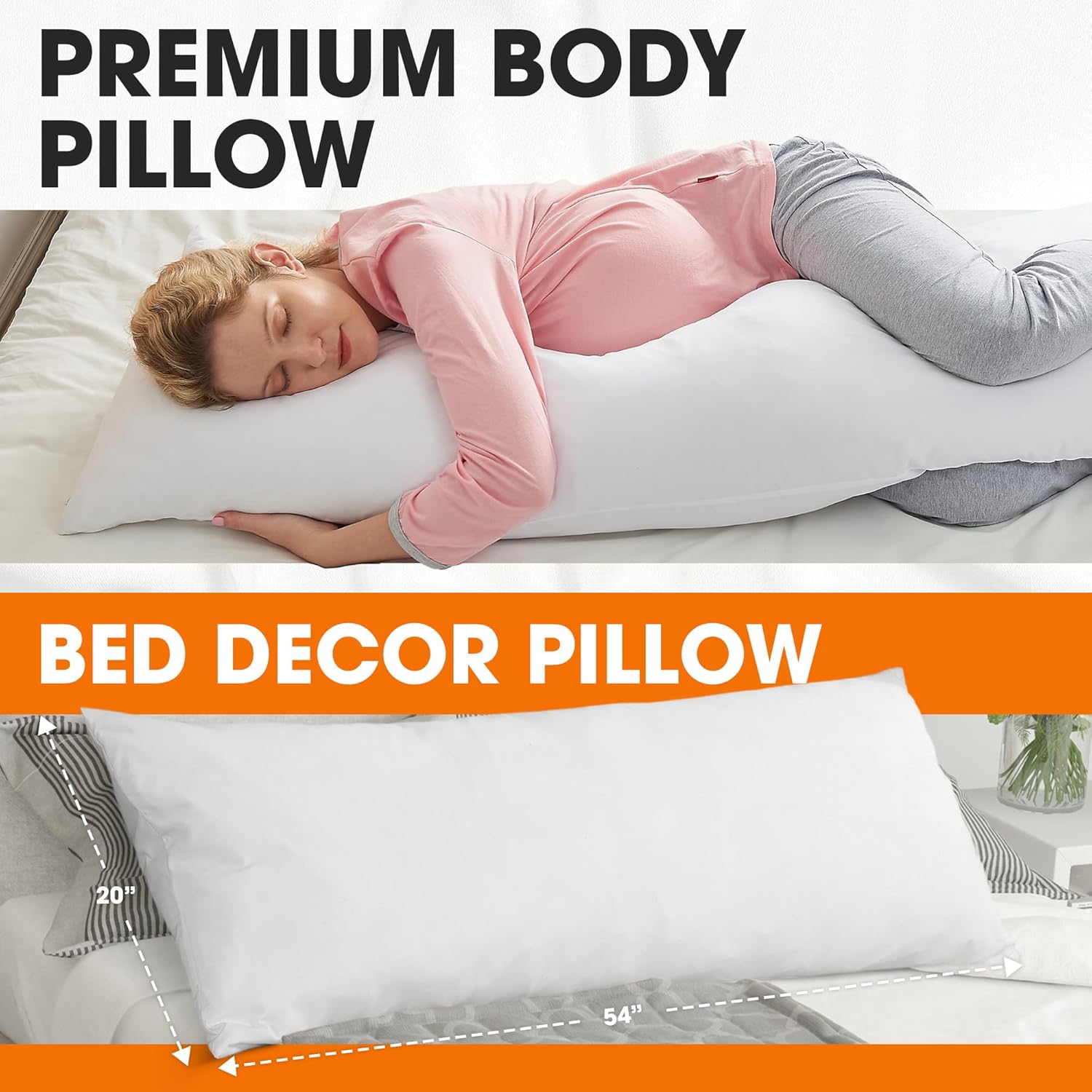 Cheer Collection Long Body Pillow - Down Alternative 20x54 Full Body Pillow with Zippered Cover - Body Pillow for Side Sleeping