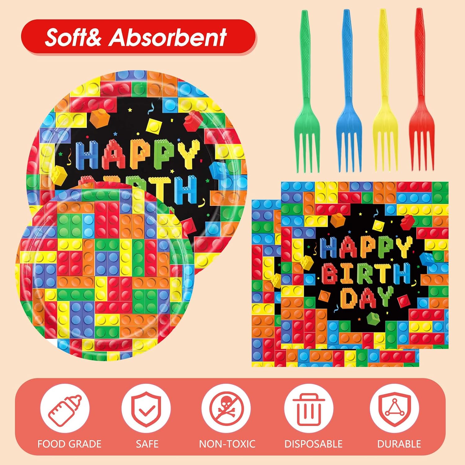 Building Block Birthday Party Supplies,Disposable Multicolor Building Blocks Party Supplies Tableware Kit Includes Paper Plates Napkins Forks Set, Birthday Party Decorations,Serves 24 image 3