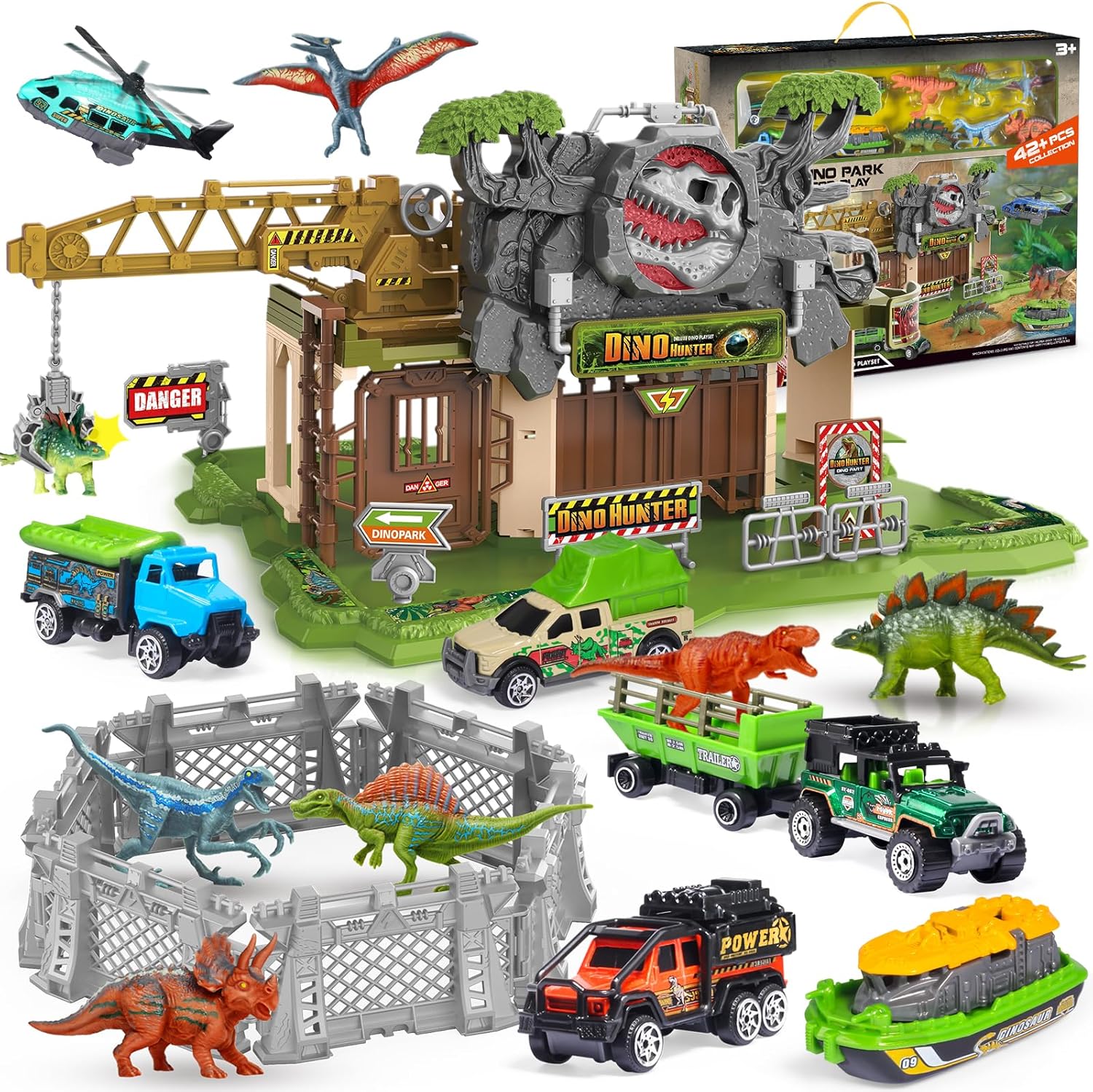 Dino Hunter Pretend Play Toys, Jurassic Gate Playset, 7 Diecast Cars Toys, 6 Dinosaur Figures,6 Cage Fences with Training Center & Dinosaur Park, Great Gift for Dinosaurs Fans