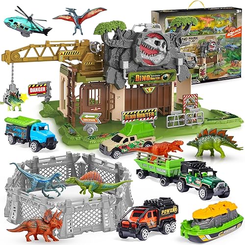 Dino Hunter Pretend Play Toys, Jurassic Gate Playset, 7 Diecast