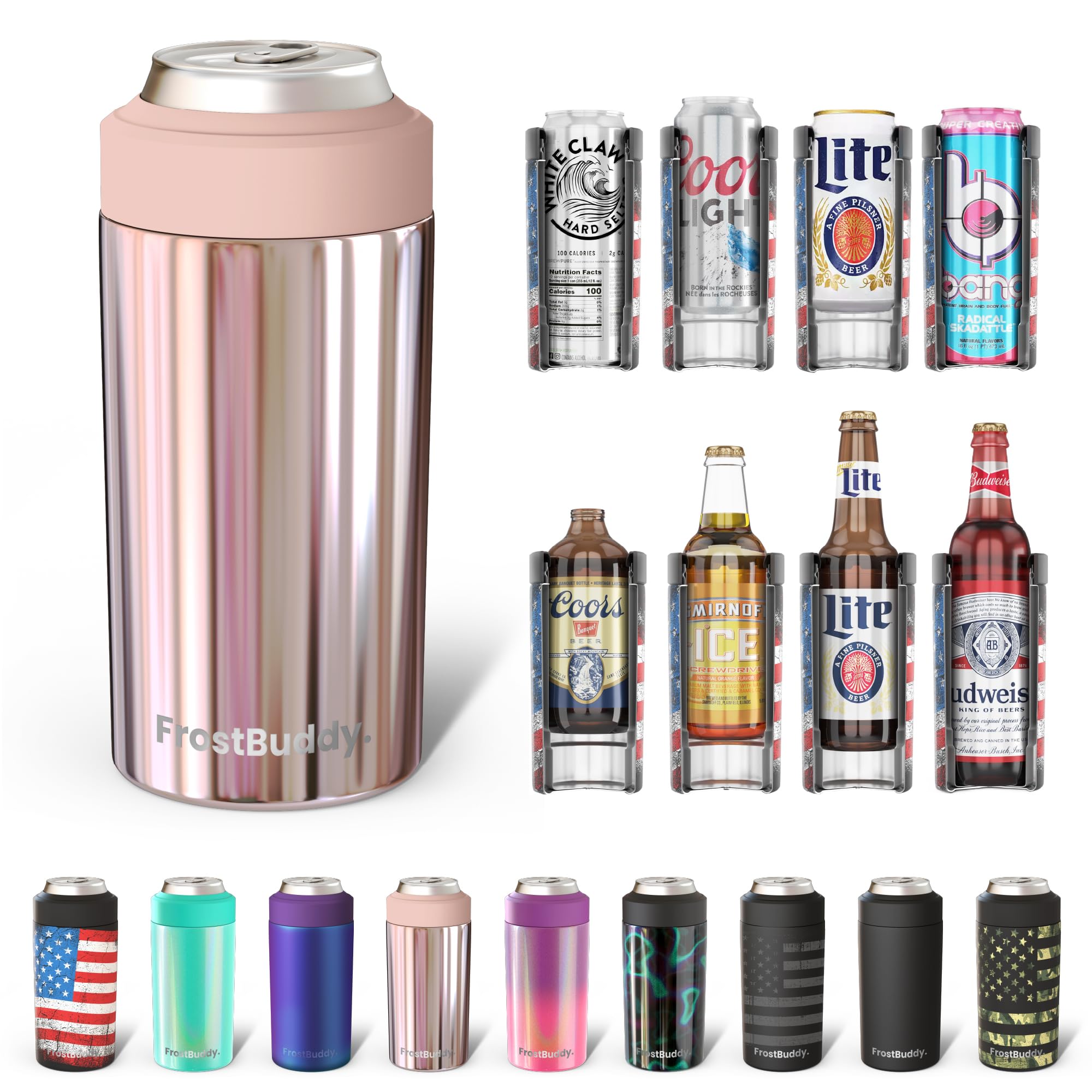 Frost Buddy Universal Can Cooler - Fits all - Stainless Steel Can Cooler for 12 oz & 16 oz Regular or Slim Cans & Bottles - Stainless Steel (Mademoiselle)