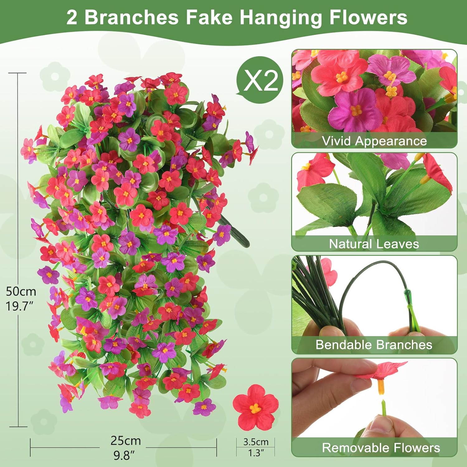 Artificial Fake Hanging Flowers for Outdoors, 2 Pcs Artificial Hanging Plants Outdoors Spring Summer Decor, UV Resistant Faux Violet Silk Flowers for Planters Front Door Yard Garden(Pink Rose Red) - Image 4