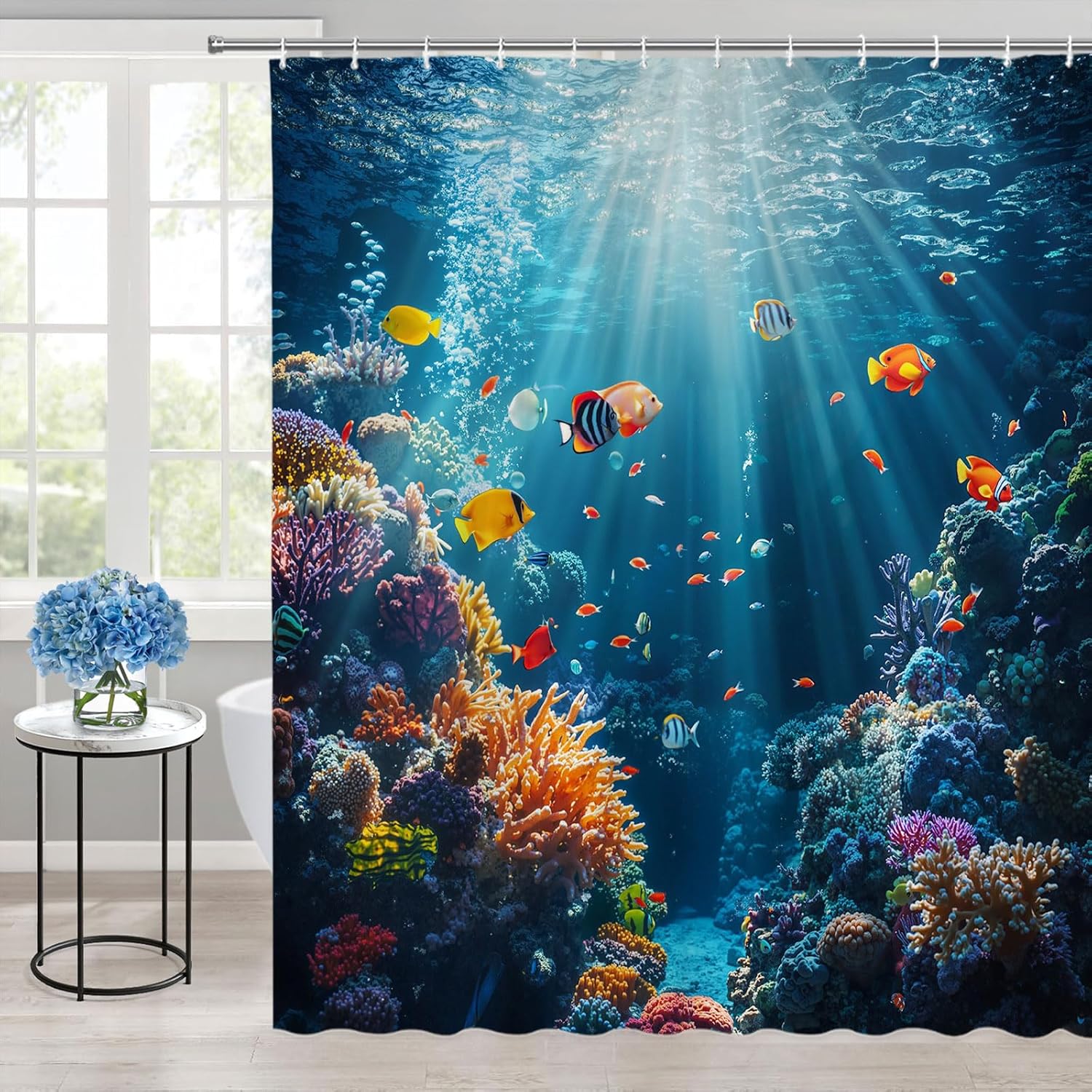 Ocean Underwater World Shower Curtain Colorful Tropical Fishes Turtle Coral in The Deep Sea Nautical Seabed Scene Bathroom Polyester Curtains Set with Hooks 70x84 Inch