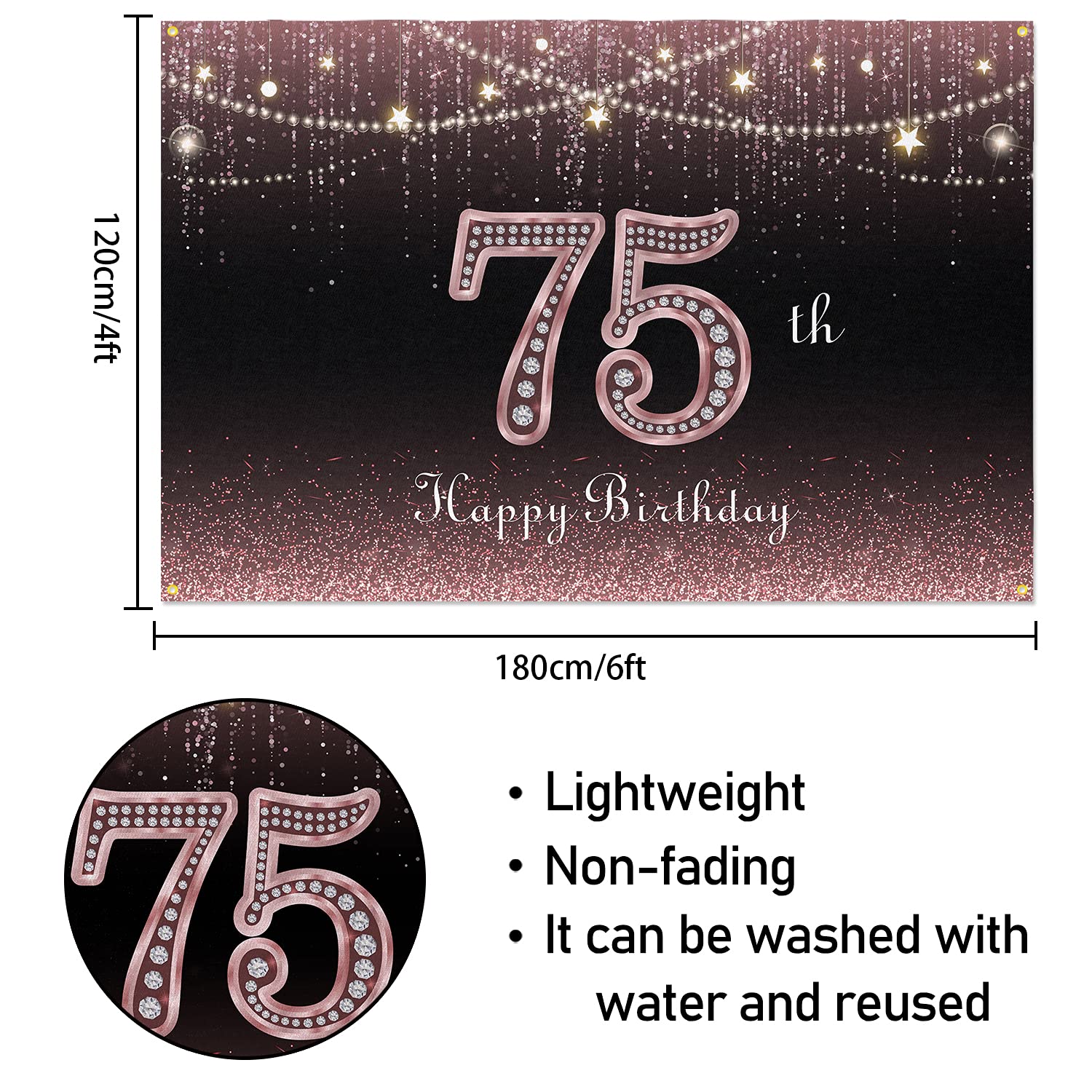 HAMIGAR Baner "Happy 75th Birthday", tło dla 75 lat, dekoracje urodzinowe, artykuły imprezowe dla kobiet, 1,8 x 1,2 m, różowe złoto