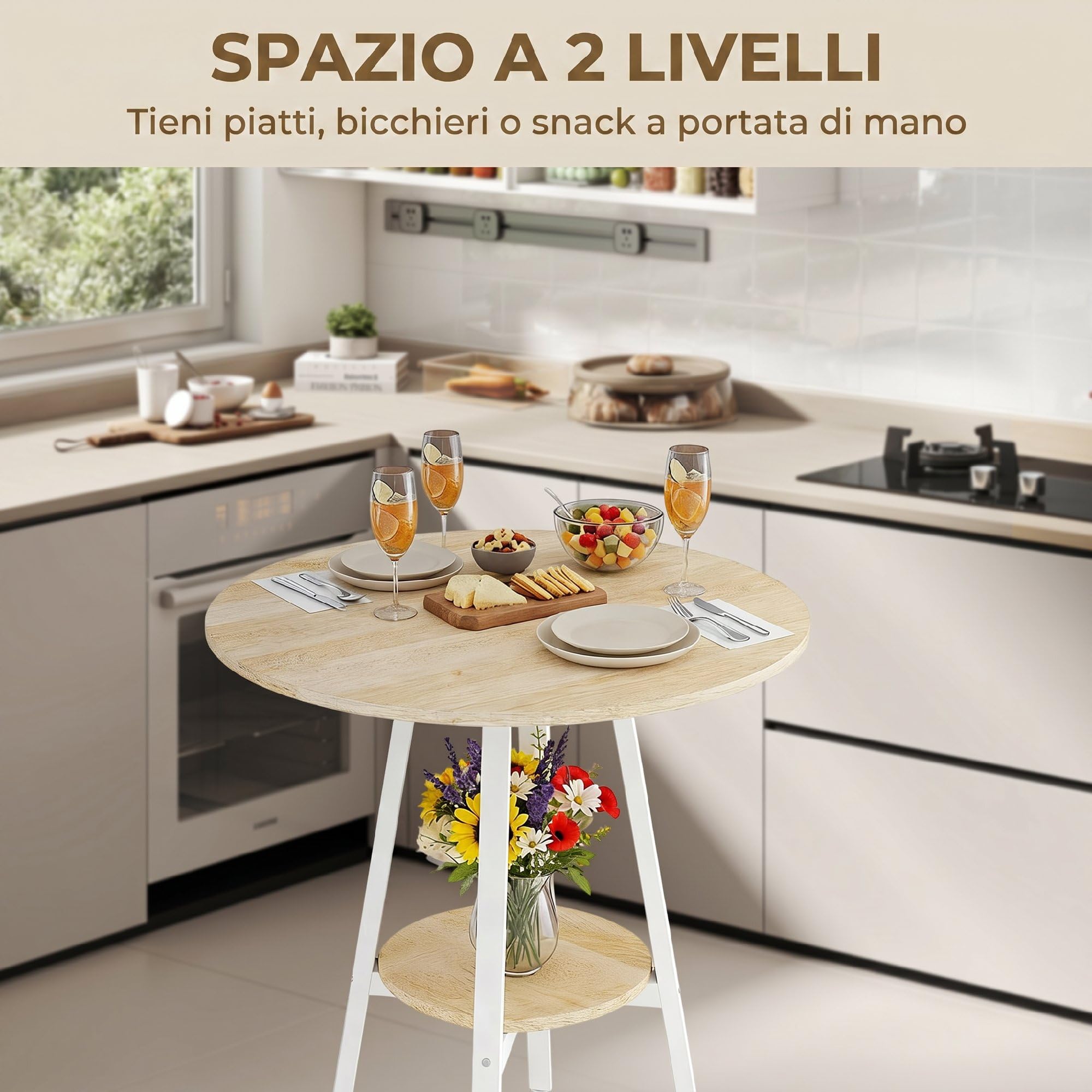 HOMCOM Tavolo Bar Rotondo con Mensola Ø55x95 cm Color Legno e Bianco