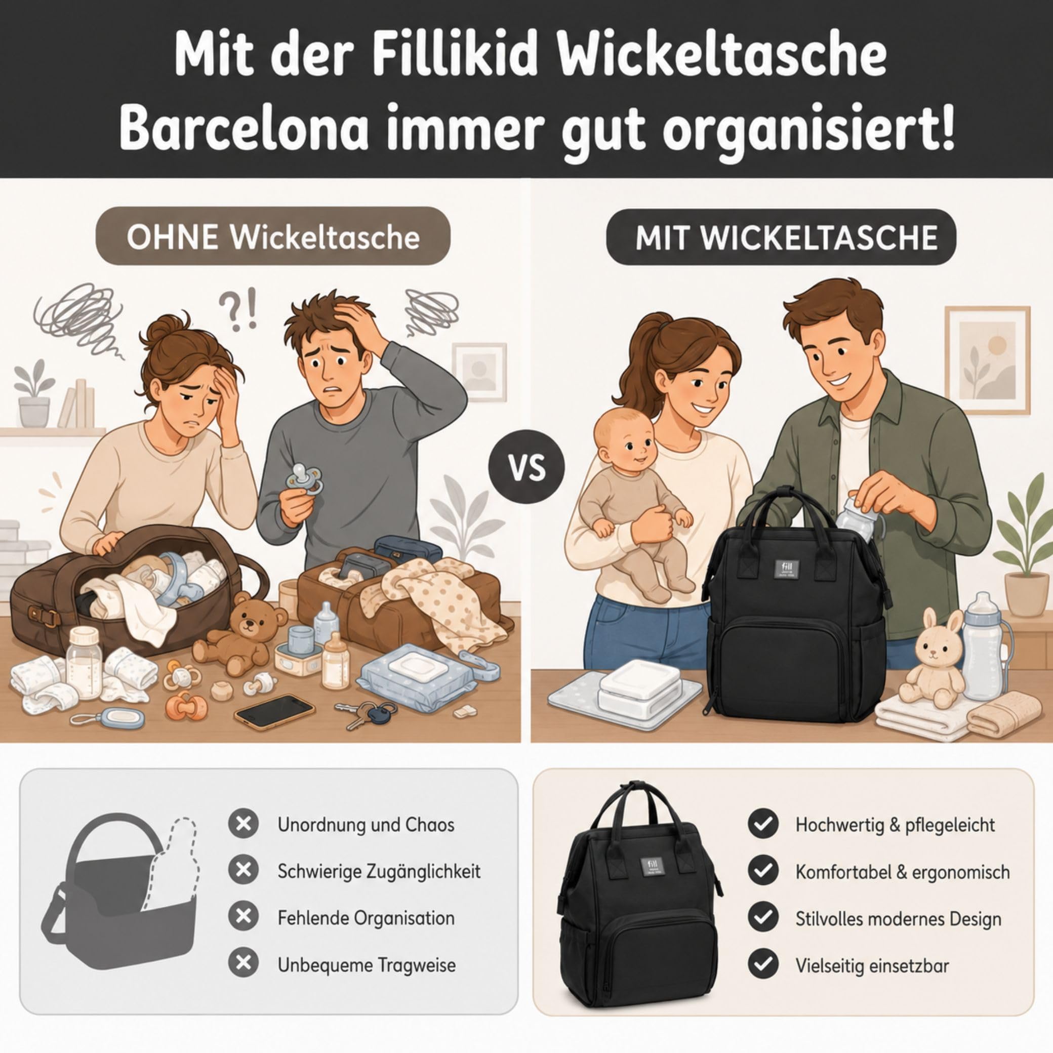 Fillikid Wickelrucksack Barcelona | Geräumiger & stylischer Rucksack mit vielen Fächern, isoliertem Flaschenhalter & Wickelauflage | Bequem tragbar & ideal für den Alltag mit Baby