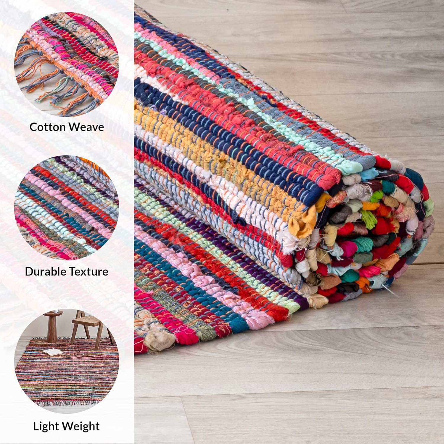 HOMEMONDE Chindi Runner Rug with Tassels 2'x6' Multicolor Recycled Cotton Hand Woven Reversible Boho Rugs for Kitchen, Bedroom, Living Room, Entryway - Image 2