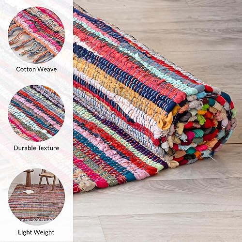 Miniatura 2 de HOMEMONDE Alfombra Chindi de 2 x 8 pies con borlas, alfombra reversible de algodón multicolor trenzada a mano Alfombra bohemia reciclada elegante